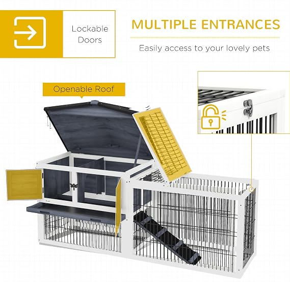 PawHut 2 Levels Outdoor Rabbit Hutch with Openable Top, 59 Wooden Large Rabbit Cage with Run Weatherproof Roof, Removable Tray, Ramp, Dark Gray