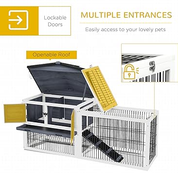 PawHut 2 Levels Outdoor Rabbit Hutch with Openable Top, 59 Wooden Large Rabbit Cage with Run Weatherproof Roof, Removable Tray, Ramp, Dark Gray