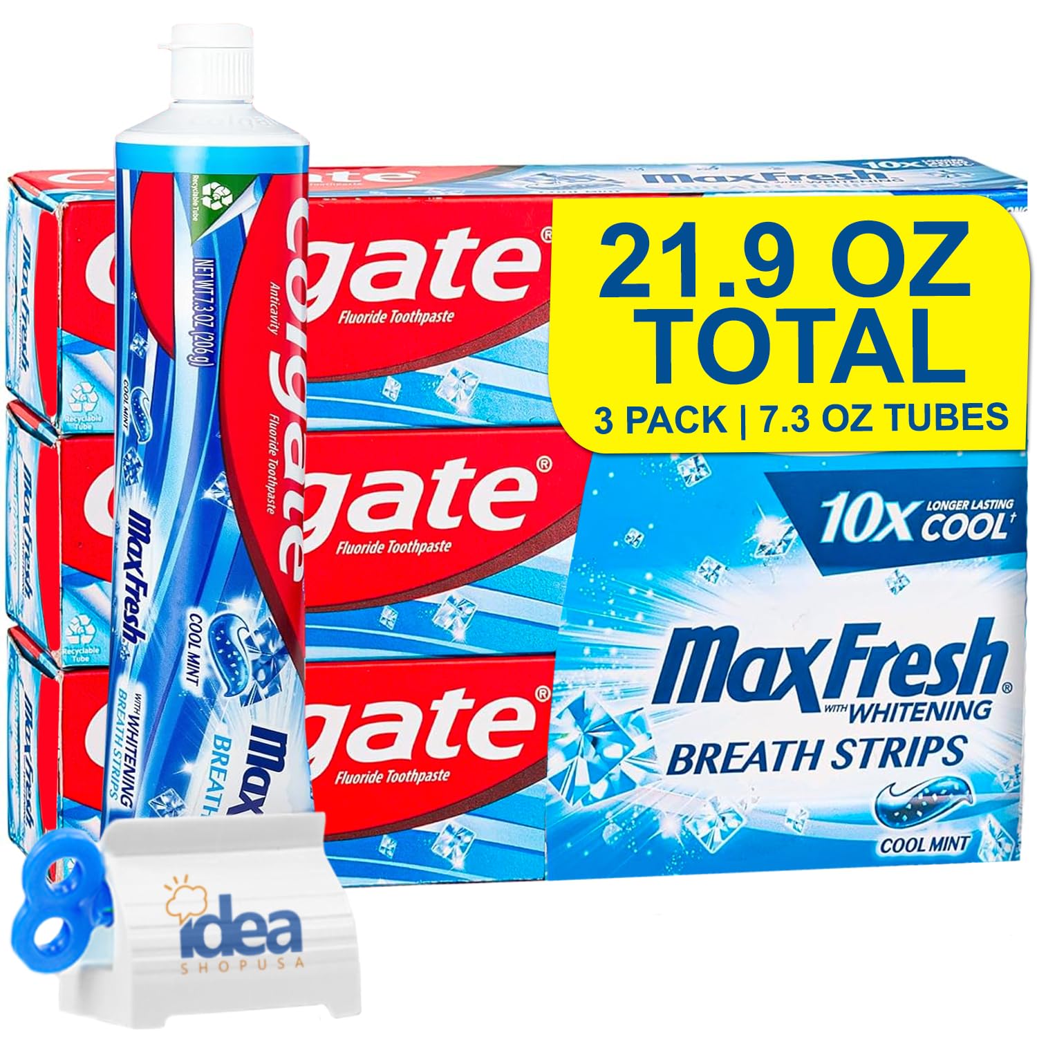Max Fresh Toothpaste with Mini Breath Strips, Cool Mint - 3 Large Tubes of 7.3 oz (Total 21.9 oz) Fights Cavities, Whitens Teeth, Long-Lasting Freshness Bonus Idea Shop USA Toothpaste Squeezer