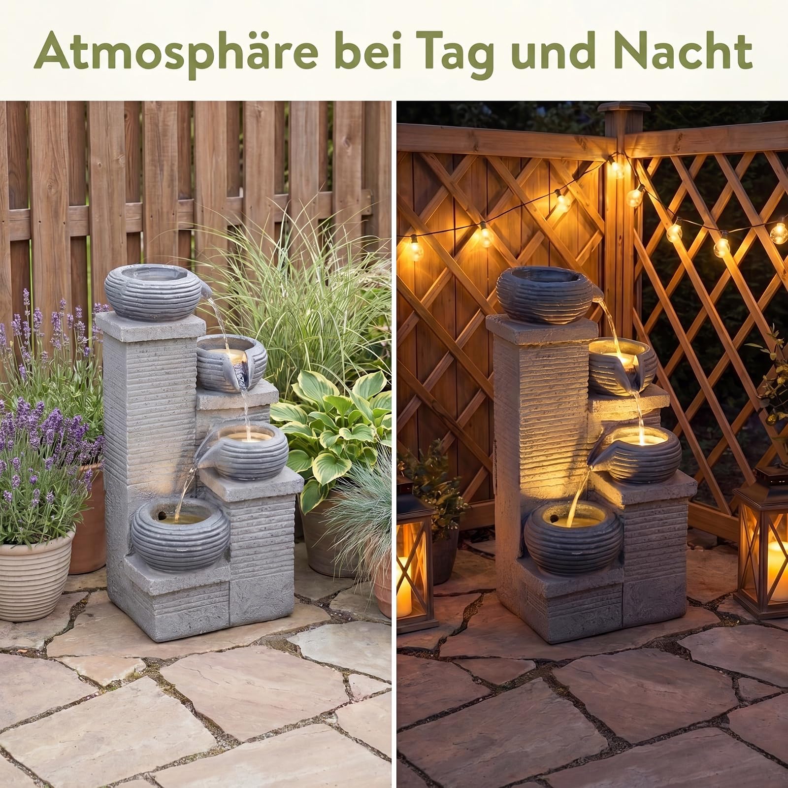 GYMAX Gartenbrunnen für außen, 4-stufiger Springbrunnen mit LED Beleuchtung