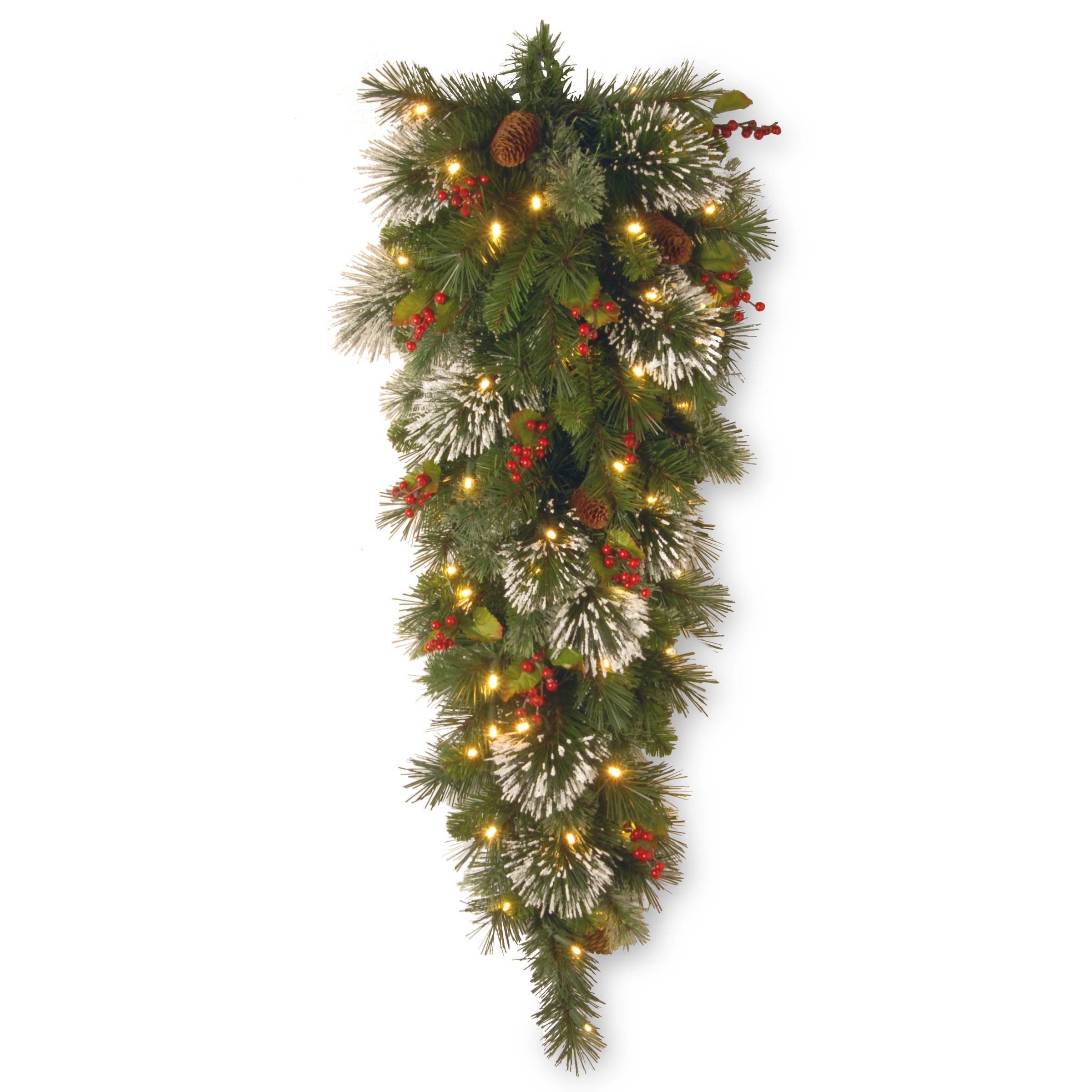 National Tree Company Pre-Lit Artificial Christmas Teardrop, Green, Wintry Pine, White Lights, Decorated with Pine Cones, Berry Clusters, Frosted Branches, Christmas Collection, 48 Inches