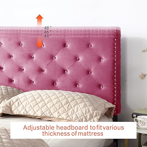 Miniatura 9 de Base de cama de plataforma tapizada completa con cabecero ajustable de 48 pulgadas de alto, cama de terciopelo de gamuza copetuda con botones,