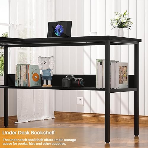 Miniatura 5 de iSunirm Escritorio reversible para computadora en forma de L con toma de corriente mágica y luz LED inteligente, escritorio de esquina de oficina