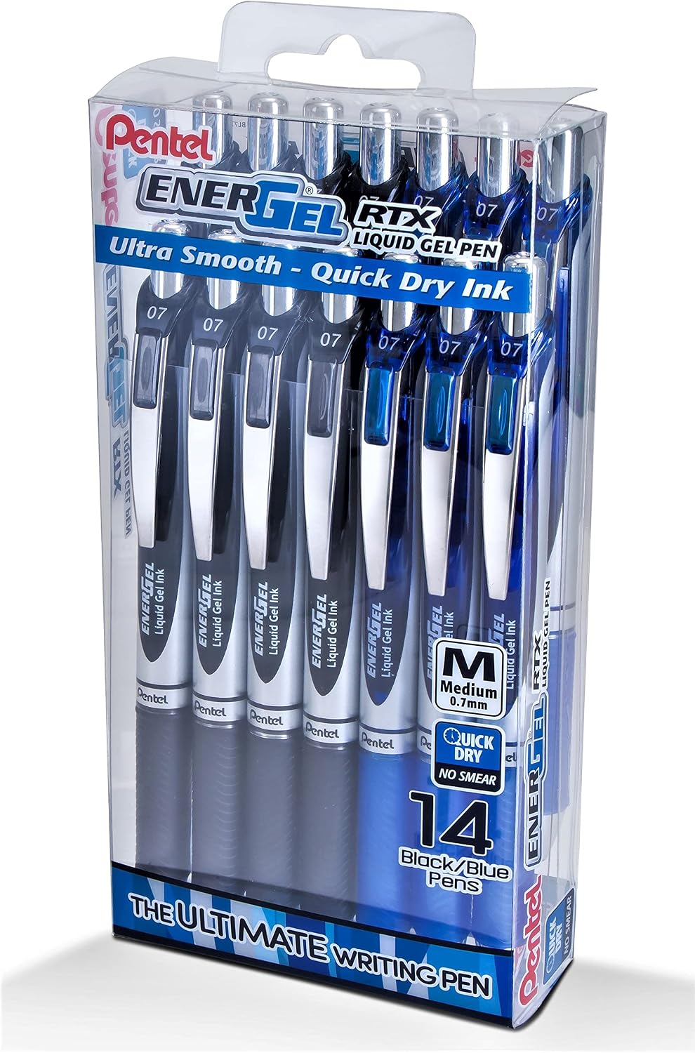 Pentel EnerGel RTX Liquid Gel Pen, (0.7mm) Medium Line, Black and Blue Ink, 14 Pack Window Box