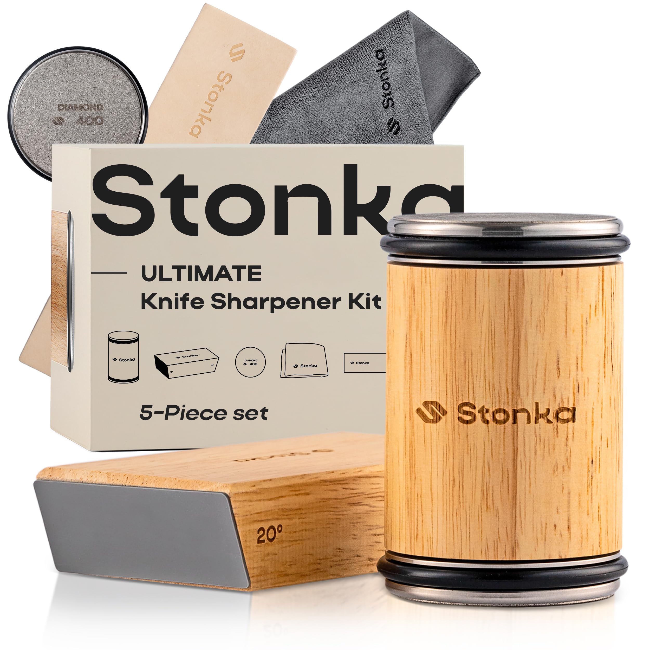 Stonka Oak Rolling Knife Sharpener Kit – Dual-Grit Diamond Wheels Kit (400/1000), Easy to Use Knife Sharpener Roller with Magnetic Holder with 15° & 20°, Leather Strap