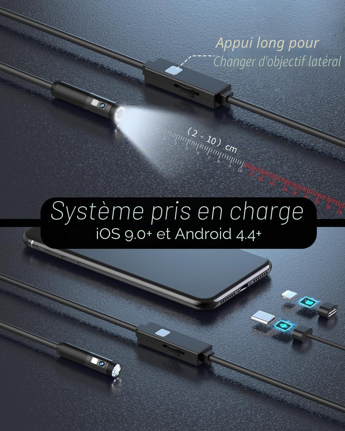 AOPICK Double Lentille Endoscope Caméra Endoscopique 5M - 1080P 3 en 1 USB Endoscope Caméra d'inspection, IP67 Étanche avec 8+1 Lumières LED Sonde de 7,9 mm pour Android, iPhone (No WiFi)