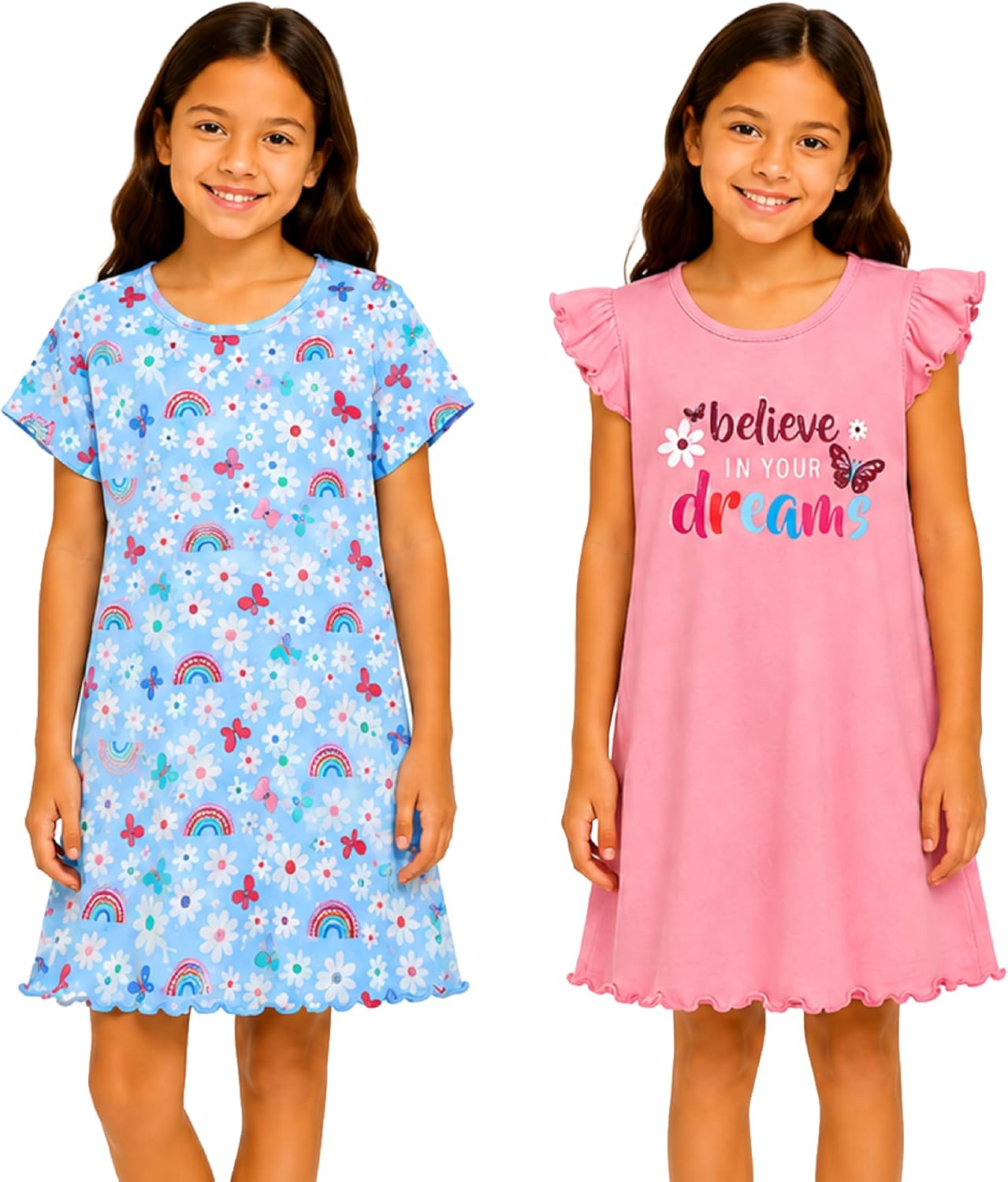 Rene Rofe Girls Nightgowns - 2 Pack Soft Breathable Lightweight Girls Pajamas Cute Graphic Sleepwear (Sizes: 7-12)