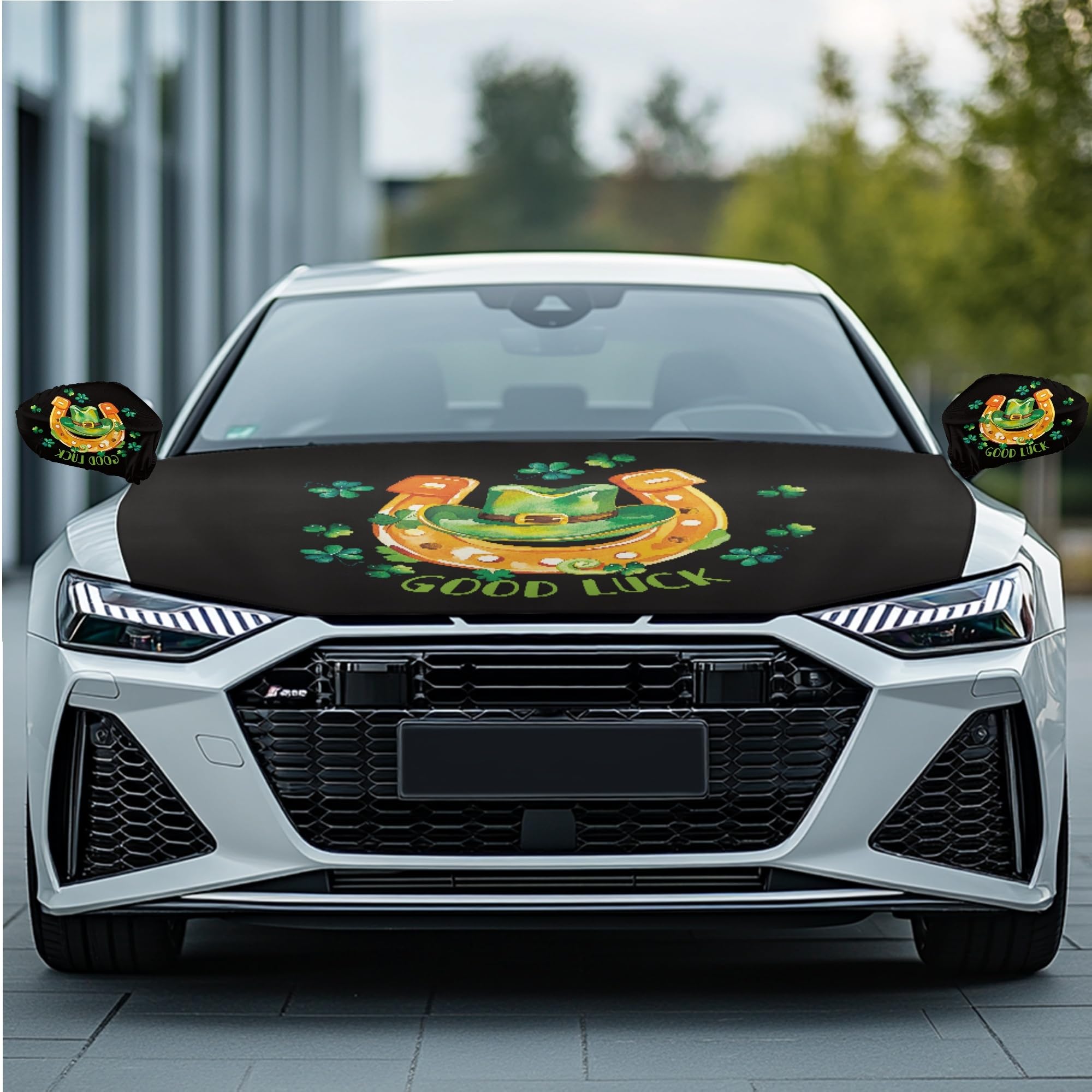 CLOHOMIN Green Hat Car Hood Cover with Auto Side View Mirror Cover Green Leaf Car Front Hood Cover 3 Pack St. Patrick's Day Auto Decorative Accessory for Most Cars Sedans