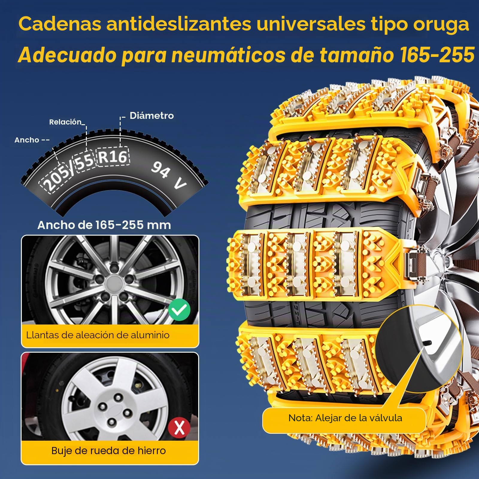 Cadenas de nieve 8 piezas antideslizantes y ajustables para neumáticos de 165-255 mm - Fácil de instalar, con púas, para coche, SUV, camión (Amarillo)