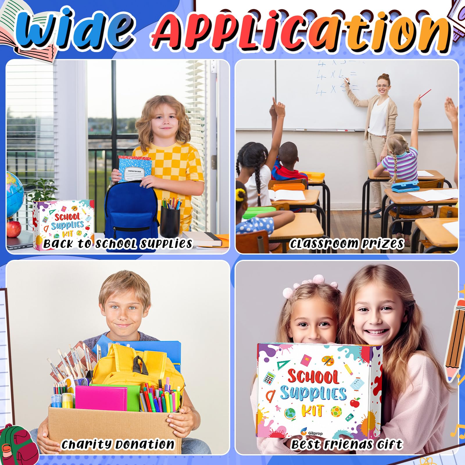 Gilprop Confezione da 68 articoli per il rientro a scuola per bambini, studenti K-8, kit di forniture per la scuola elementare e media, accessori essenziali, penne, quaderni, cancelleria per
