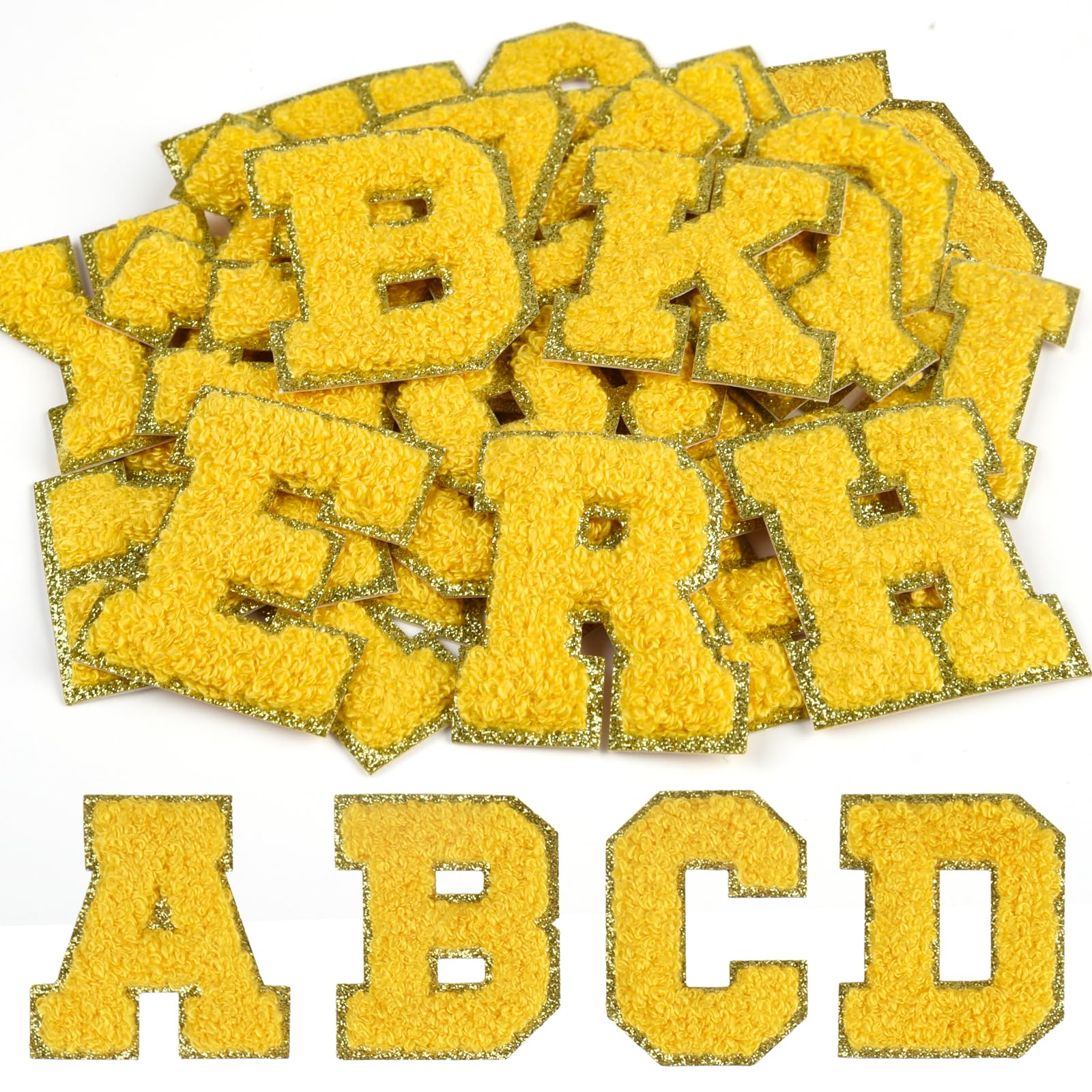 CHRORINE 26/52/104 Pcs Self Adhesive Chenille Letter Patches A-Z, Also Supports Sew or Iron on, Embroidered Alphabet Patches Stickers for DIY Clothing, Bags, Hats (26, Yellow, Height 2.16″)