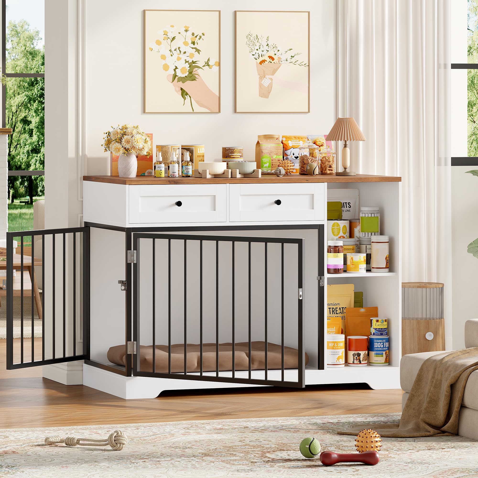 FirFurd 120cm Gabbia per Cani con 2 Porte, Kennel Cane Medio con 2 Cassetti e 2 Scomparti Aperti, Cuccia in Stile Mobili con Stoccaggio in Metallo e Legno, 120x60x87 cm (Bianco+Marrone)
