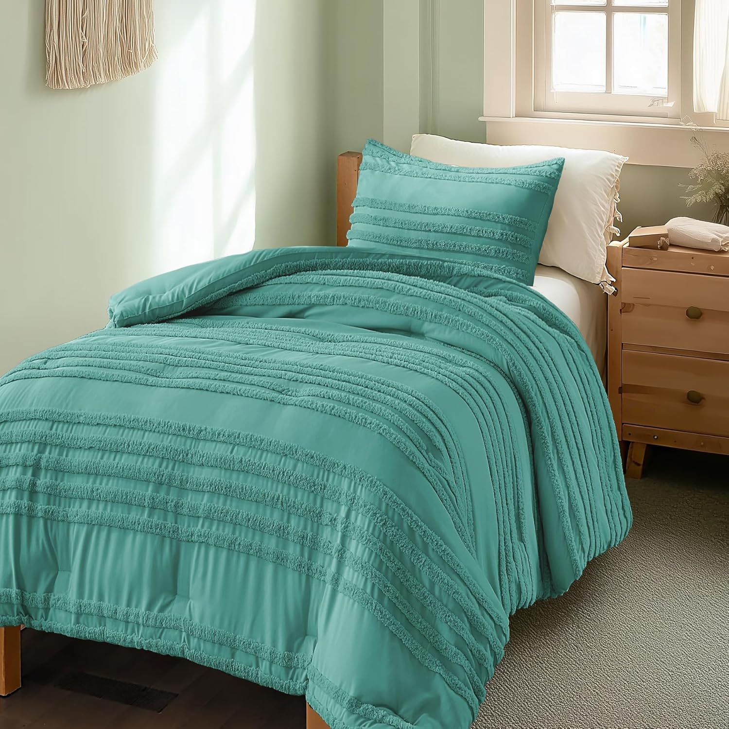 BEDELITE Boho Twin/Twin XL Comforter Set，Aqua Tufted Striped Bed Set 2 Pieces, Soft Vintage Farmhouse Comforter for College, Boho Home Dorm Decor, Fluffy Jacquard Bedding with 1 Pillow Sham