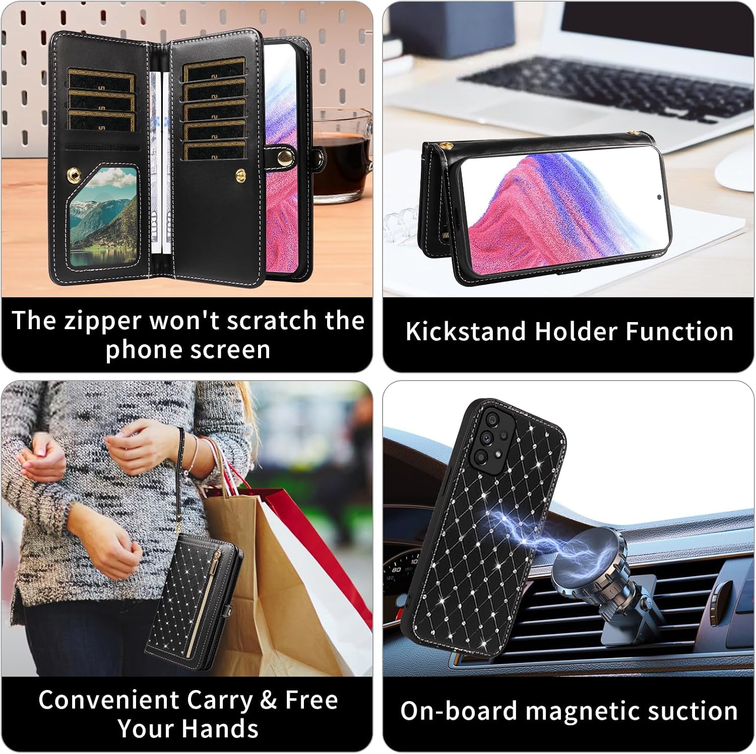 Asuwish Phone Case for Samsung Galaxy A53 5G Zipper Wallet Detachable Magnetic Cell Cover with Screen Protector Crossbody Strap Bling Flip Credit Card Holder A 53 G5 53A SM A536U 6.5" 2022 Women Black