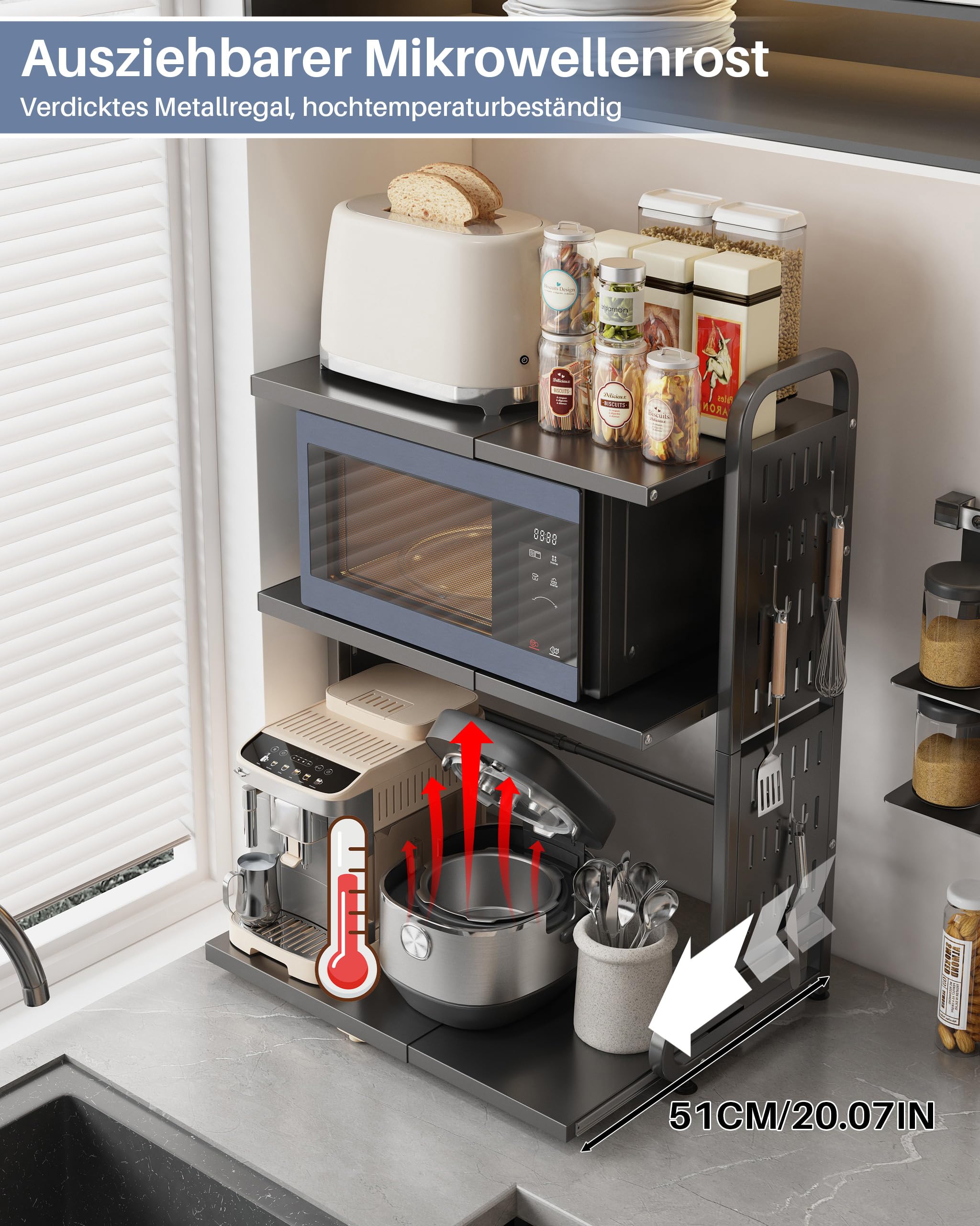 Ausziehbares Mikrowellenregal mit Schublade, 3-stöckiges Mikrowellenregal mit 6 Metallhaken, Airfryer-Gestell, Backgestell, Küchen-Arbeitsplatten-Aufbewahrungsgestell Schwarz