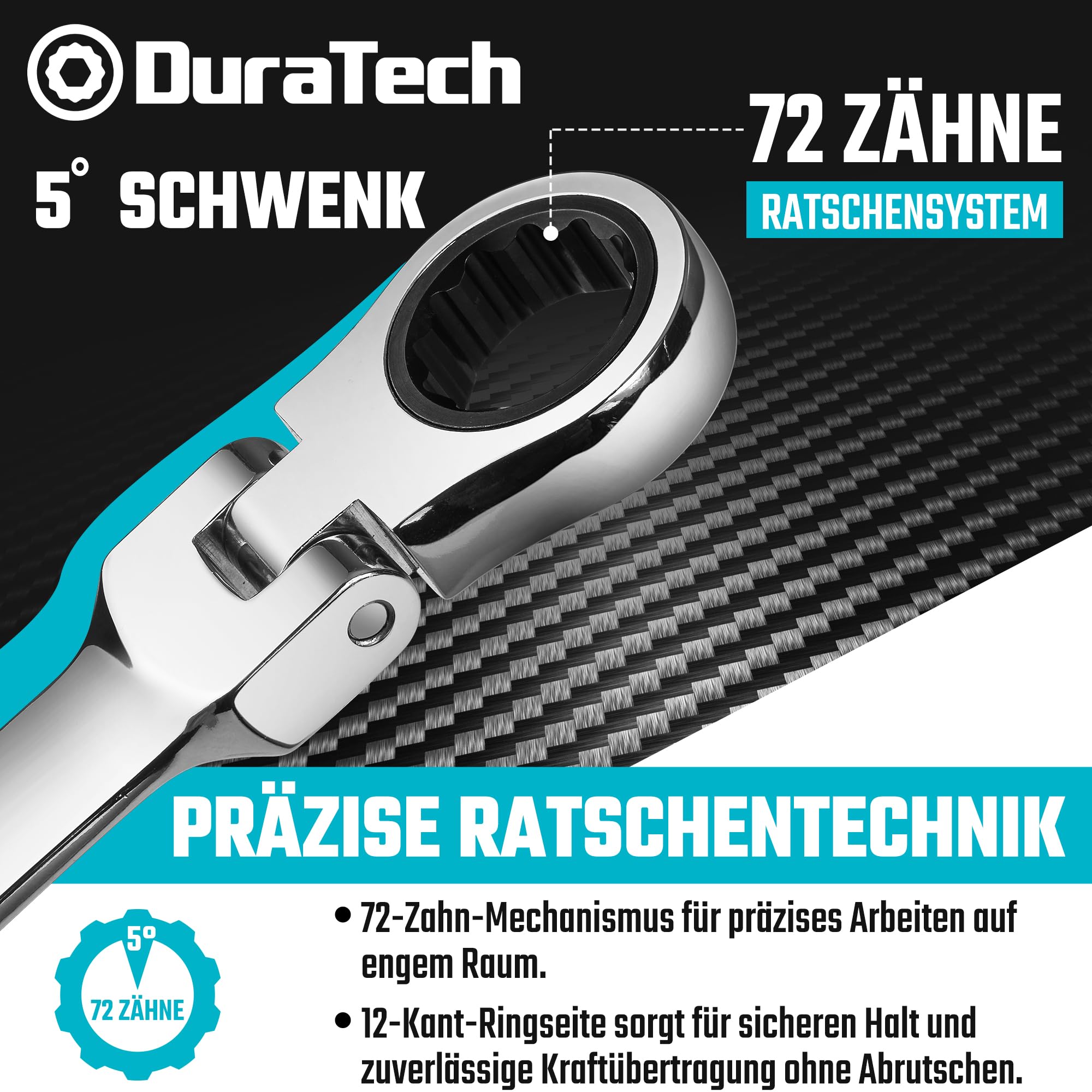 DURATECH 12-tlg. Kurz Flex-Kopf Ratschenringschlüssel-Satz, 8–19 mm