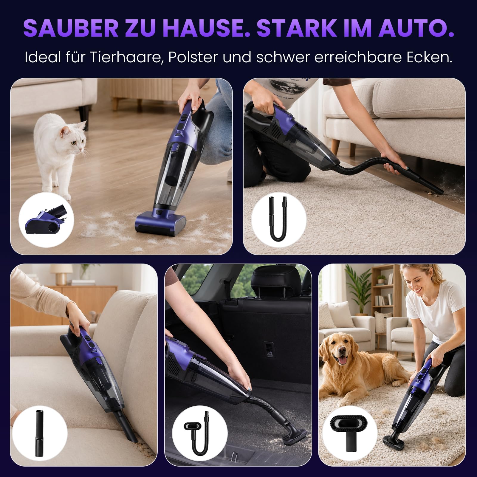 Tierhaar Handstaubsauger Akku 28000Pa mit Rotierende Bürstenrolle&LED Licht | Stark Autostaubsauger Kabellos mit 10400mAh, 720ml, 2 Saugstufen, HEPA+Metallfilter für Haustiere, Sofa, Teppich, Büro