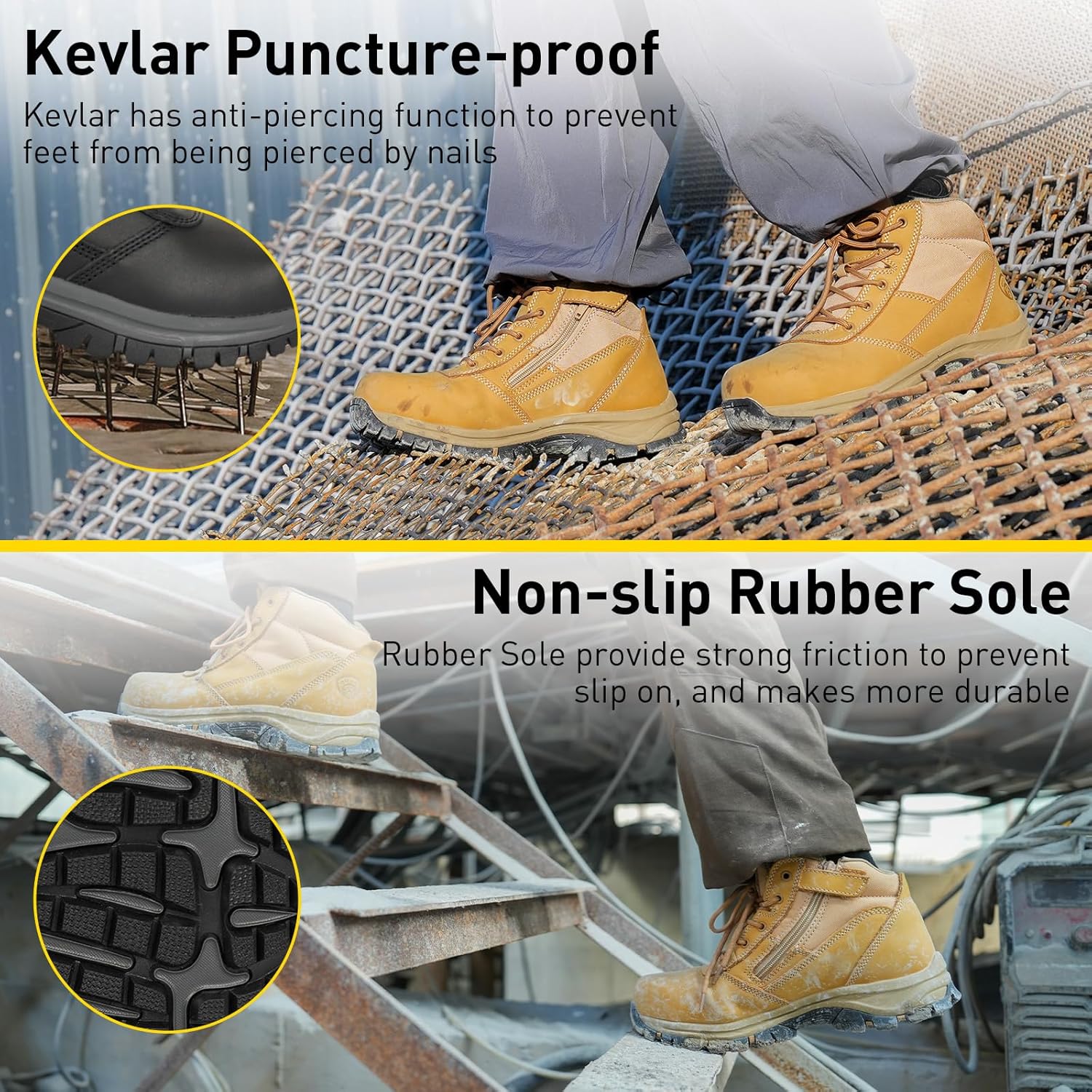 OUXX Mens Work Boots, Side Zipper, Steel Toe Shoes, Anti-Slip Rubber Sole, Puncture-Proof(OX2518) - Image 4