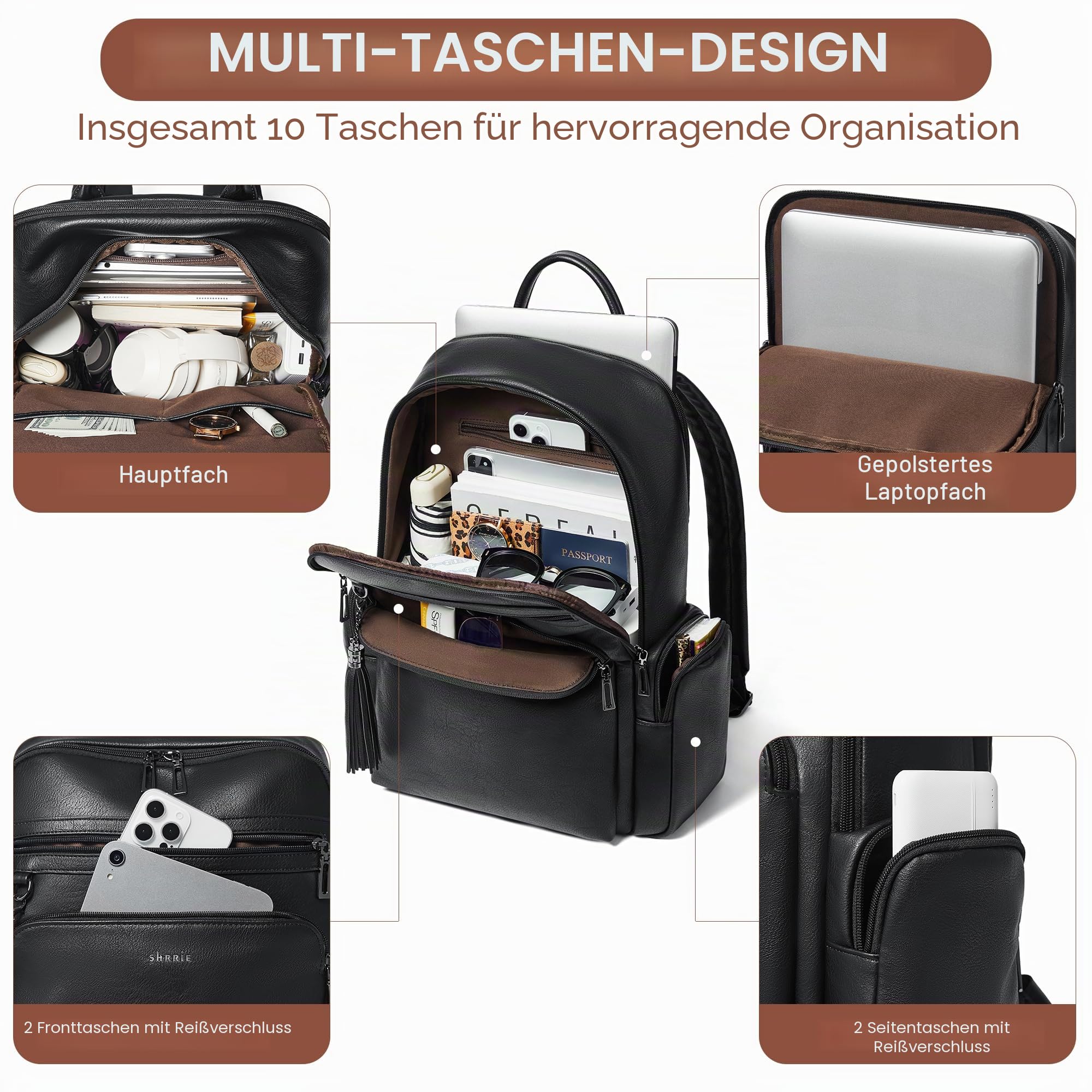 Shrrie Laptop-Rucksack für Damen,16 Zoll Business Arbeits Computer Rucksack mit Laptopfach,Lässiger Tagesrucksack für Büro, Reisen und Uni-Schwarz