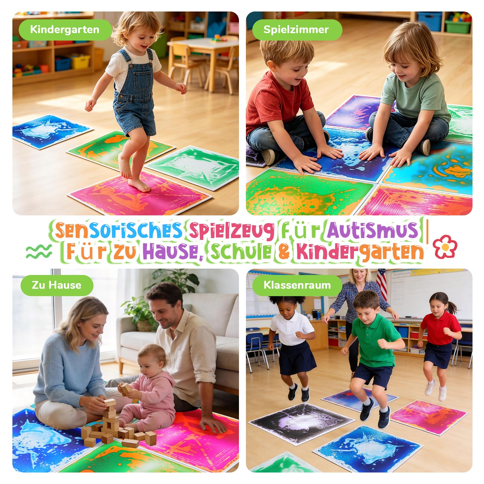 Große Sensorik Matte 50x50cm, flüssige mehrfarbige Bodenfliese PVC, CE EN71 Sensorspielzeug für Haus, Kindergarten und Autismus (4, 4pcs-5050-4COLORS)