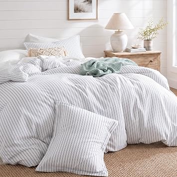 JOLLYVOGUE Striped Duvet Cover King, White Duvet Cover with Grey Stripes | Ultra Soft Brushed Microfiber, OEKO-TEX Certified, Breathable Bedding Set, Zip Closure, 8 Corner Ties, No Insert