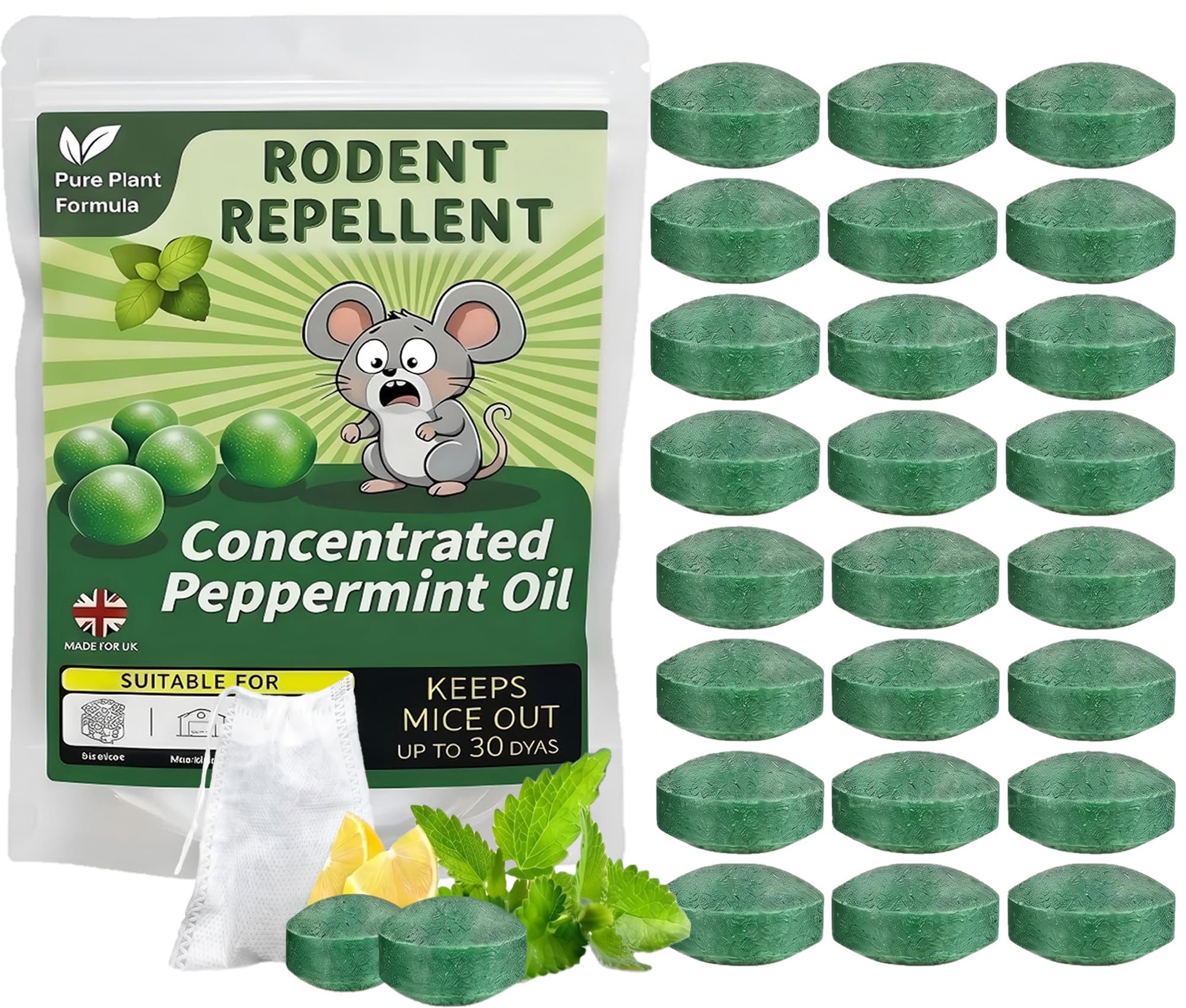 Natural Mice Repellent Balls - Triple Concentrated Peppermint Oil Rodent Repellent, Pet Safe & Child Friendly, Long Lasting 30 Days, Humane Rat Deterrent for House,Attic,RV,Kitchen & Garage (24 Pack)