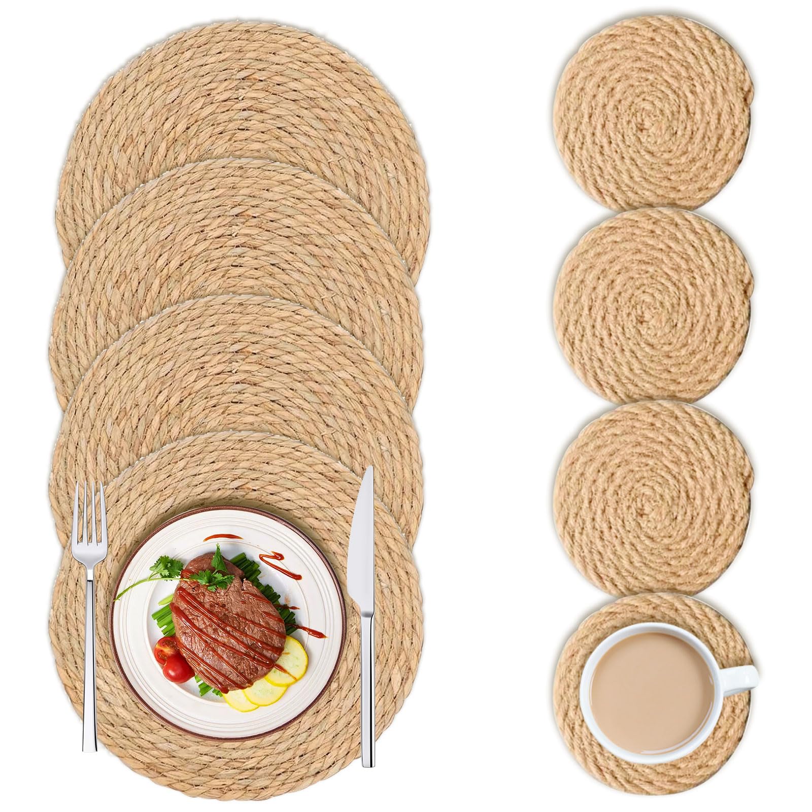 Woven Placemats, Rattan Placemats Set of 4(Include 4 matching coasters), 33cm Handmade Weave Placemats, Natural Table Place Mats, round placemats for Dining Table, Kitchen, Home, Party and Restaurant