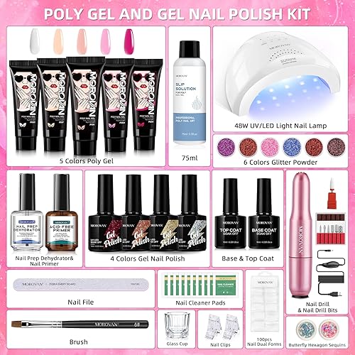 Miniatura 2 de Morovan Kit de uñas de poligel kit profesional de gel de uñas de poliéster con lámpara LED y taladro de uñas, kit de extensión de uñas de gel de