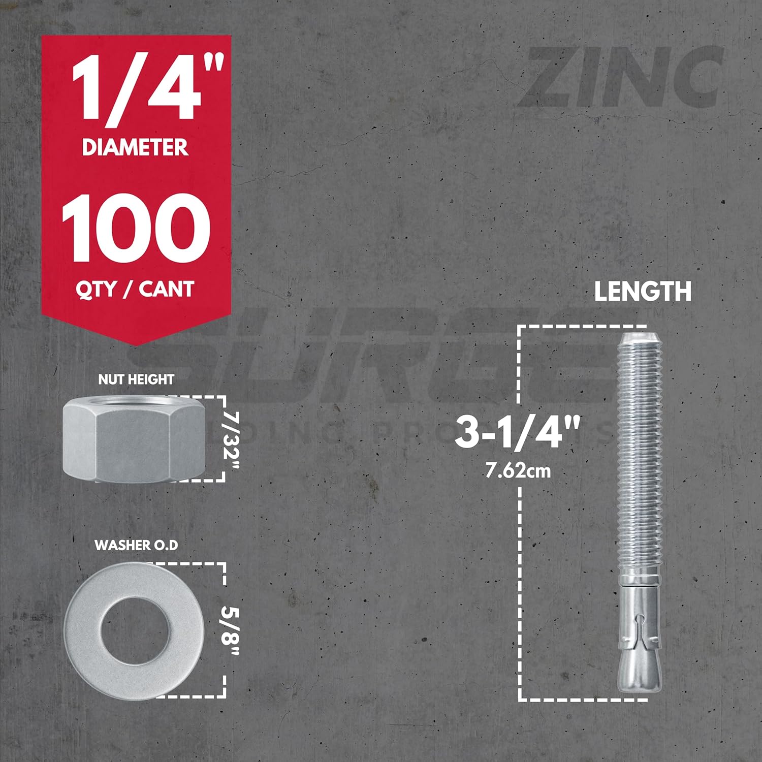 1/4" x 3-1/4" Zinc-Plated Wedge Anchors for Concrete and Cement | Heavy-Duty 1/4 Concrete Anchors (Box of 100)