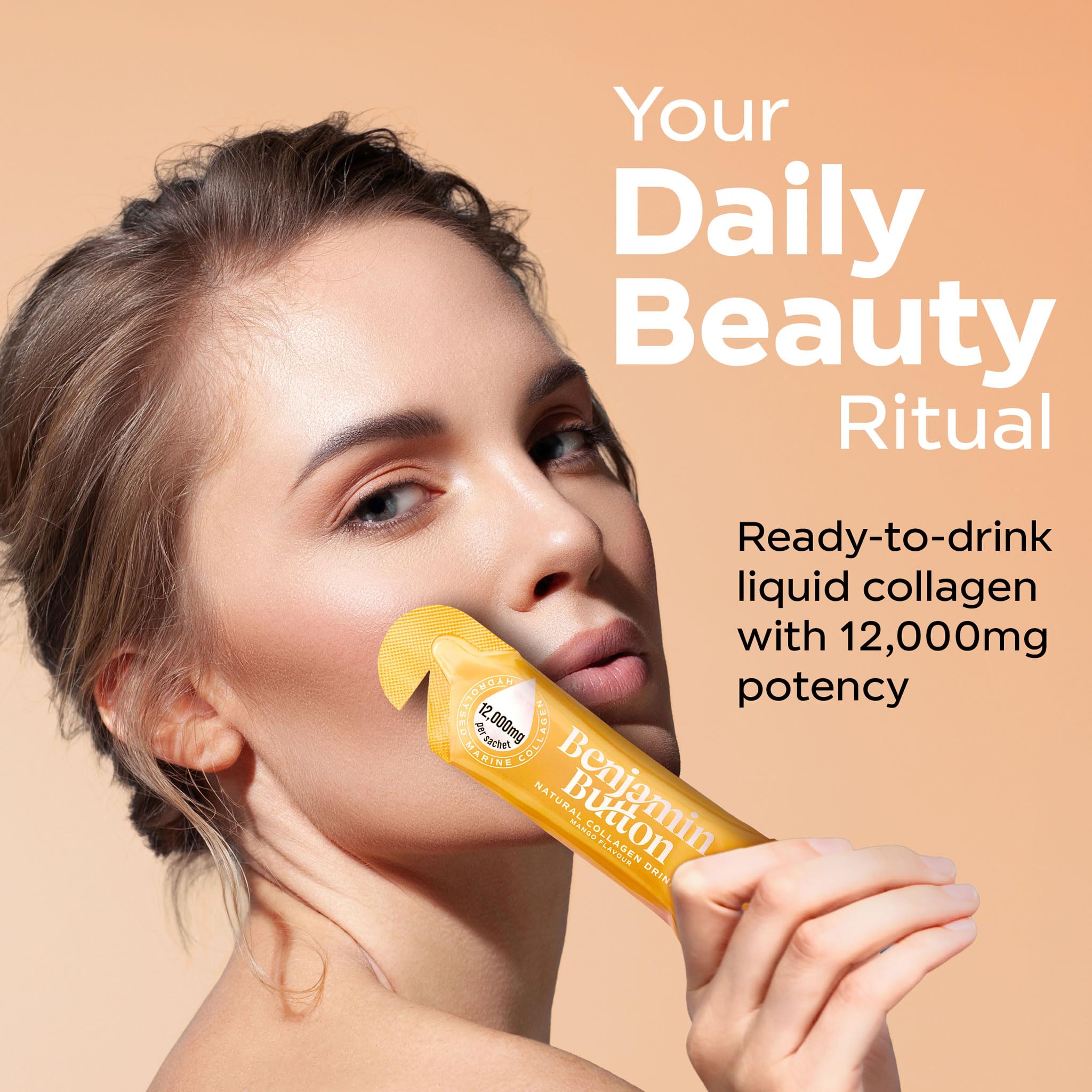 Benjamin Button 12,000mg Marine Collagen Liquid Shots| High Strength Hydrolyzed Marine Collagen Peptides w/Hyaluronic Acid & Vitamin C for Skin, Hair & Joints | Mango, 14 Daily Servings 30ml — Amazon image 3