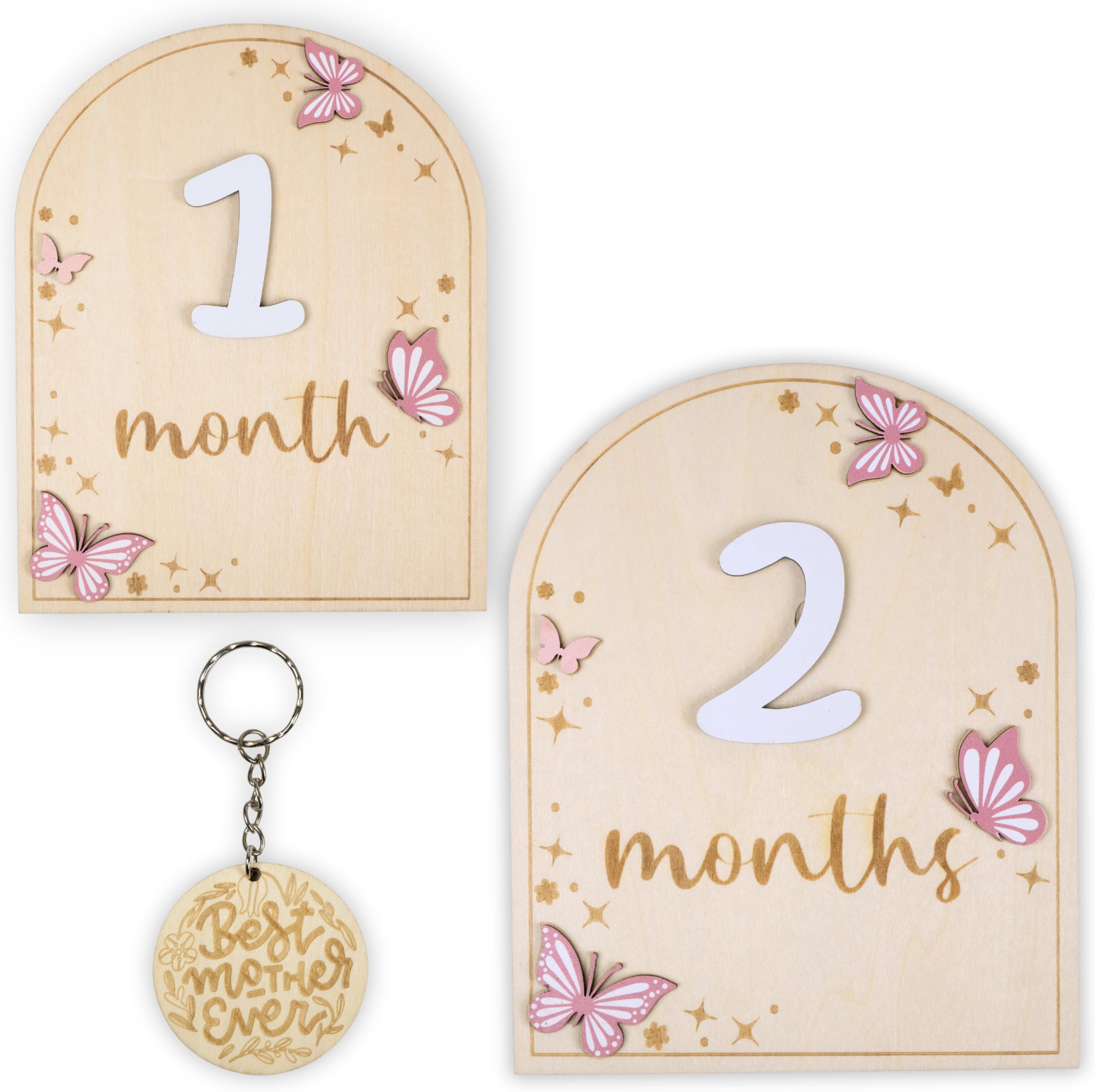 Monthly Baby Milestone Signs - Baby Monthly Milestone Wooden Circles for 1-12 Month Photos & Gender Neutral Announcement Cards (Butterfly)