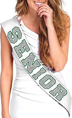 Regalos y suministros para fiestas de personas mayores, brillo plateado con contorno verde, banda de satén blanca de alta calidad, regalos de