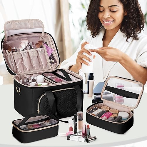 Miniatura 7 de Prokva Bolsa de maquillaje de viaje con 2 bolsas y separadores ajustables, estuche grande para cosméticos, organizador de maquillaje para mujeres,
