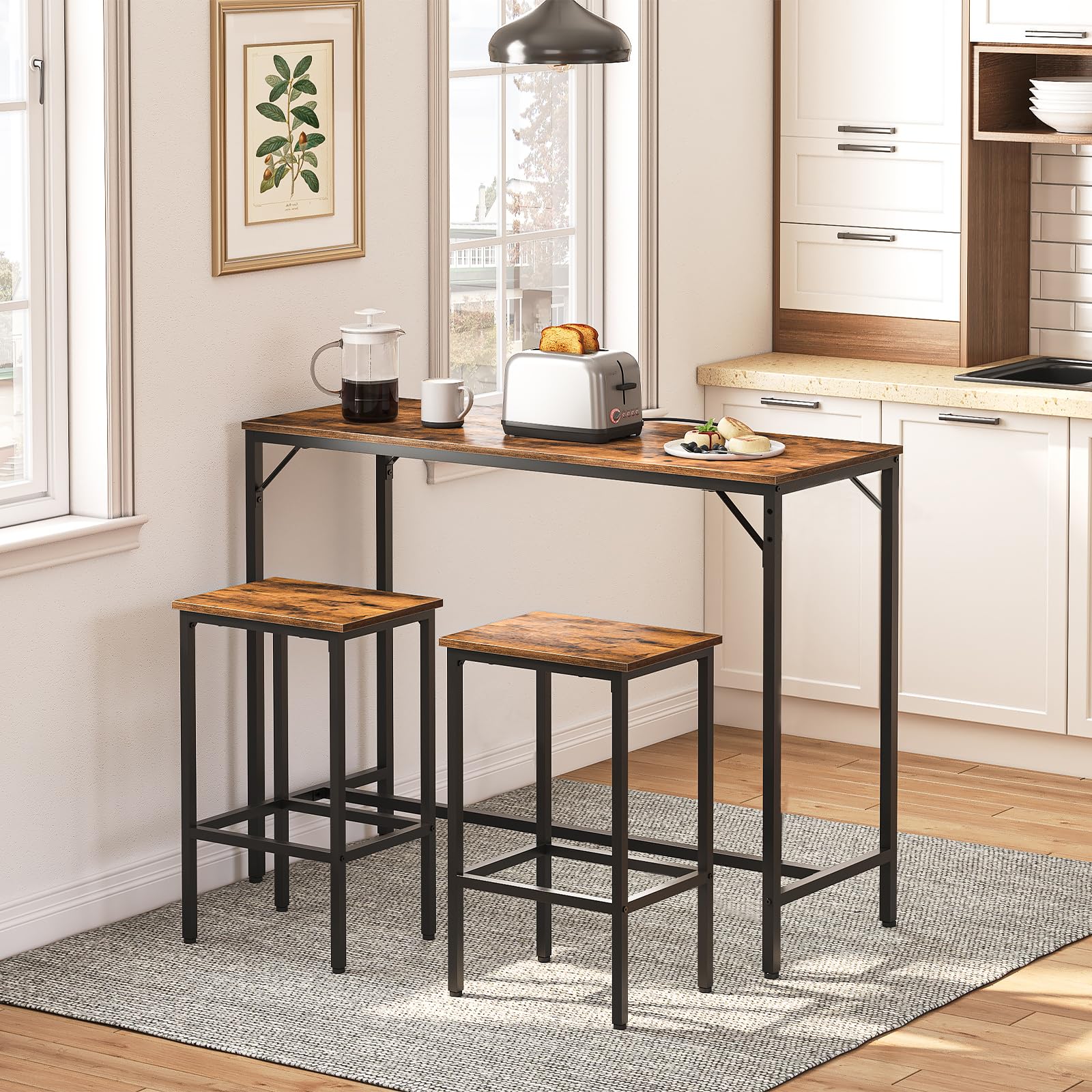 HOOBRO Juego de Mesa y 2 Taburetes de Bar, Estilo Industrial, Mesa de Comedor con 2 Asientos, 120 x 40 x 91 cm, para Sala de Estar, Cafetería, Cocina, Negro y Marrón Rústico EBF46BT01