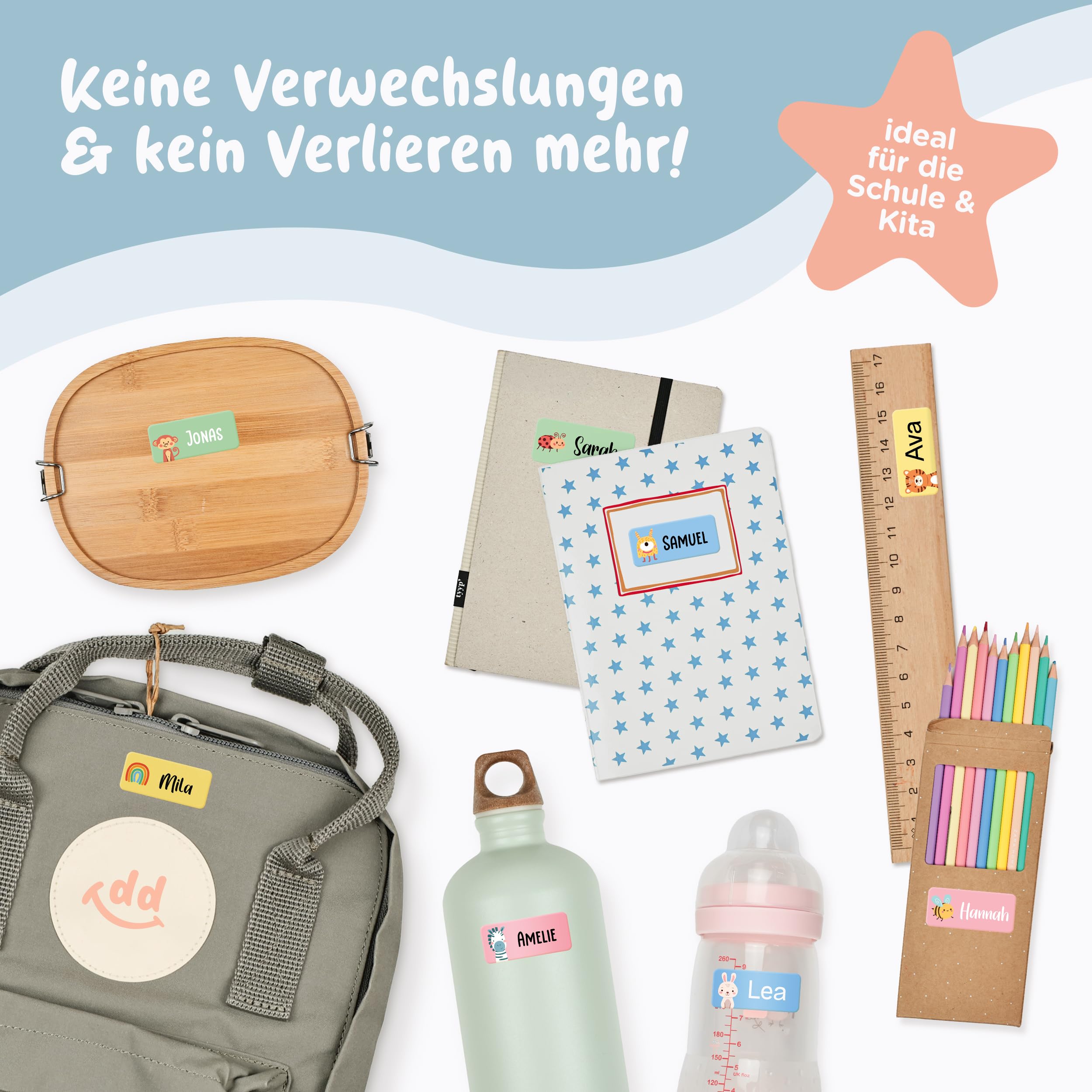 240 Stück Namensaufkleber für Kinder - Personalisierbare Namensschilder, Ideal für Kita, Schule und Kleidung, Made in Germany - Graublau