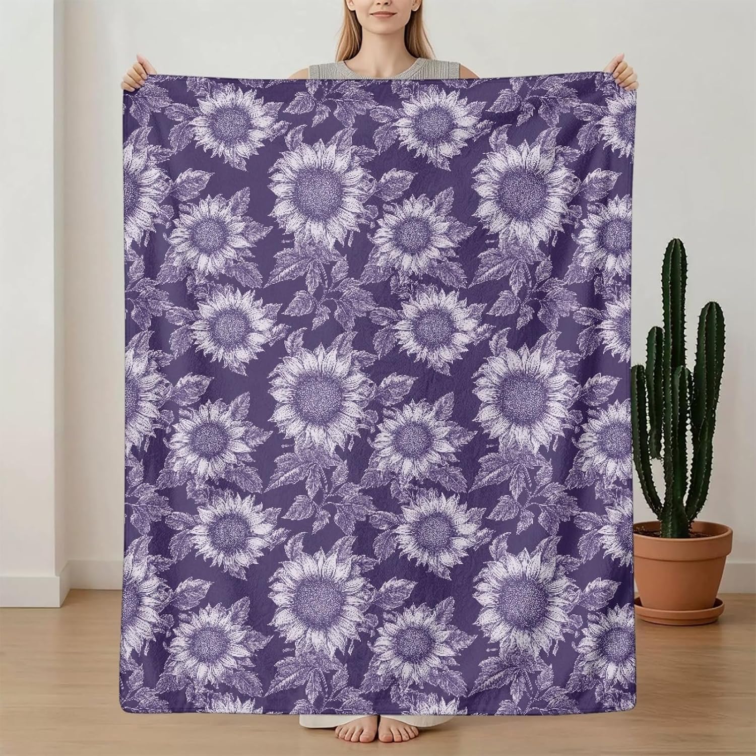 Sunflower Print Flannel Throw Blanket Decorative Couch Cover Purple 40"x50"