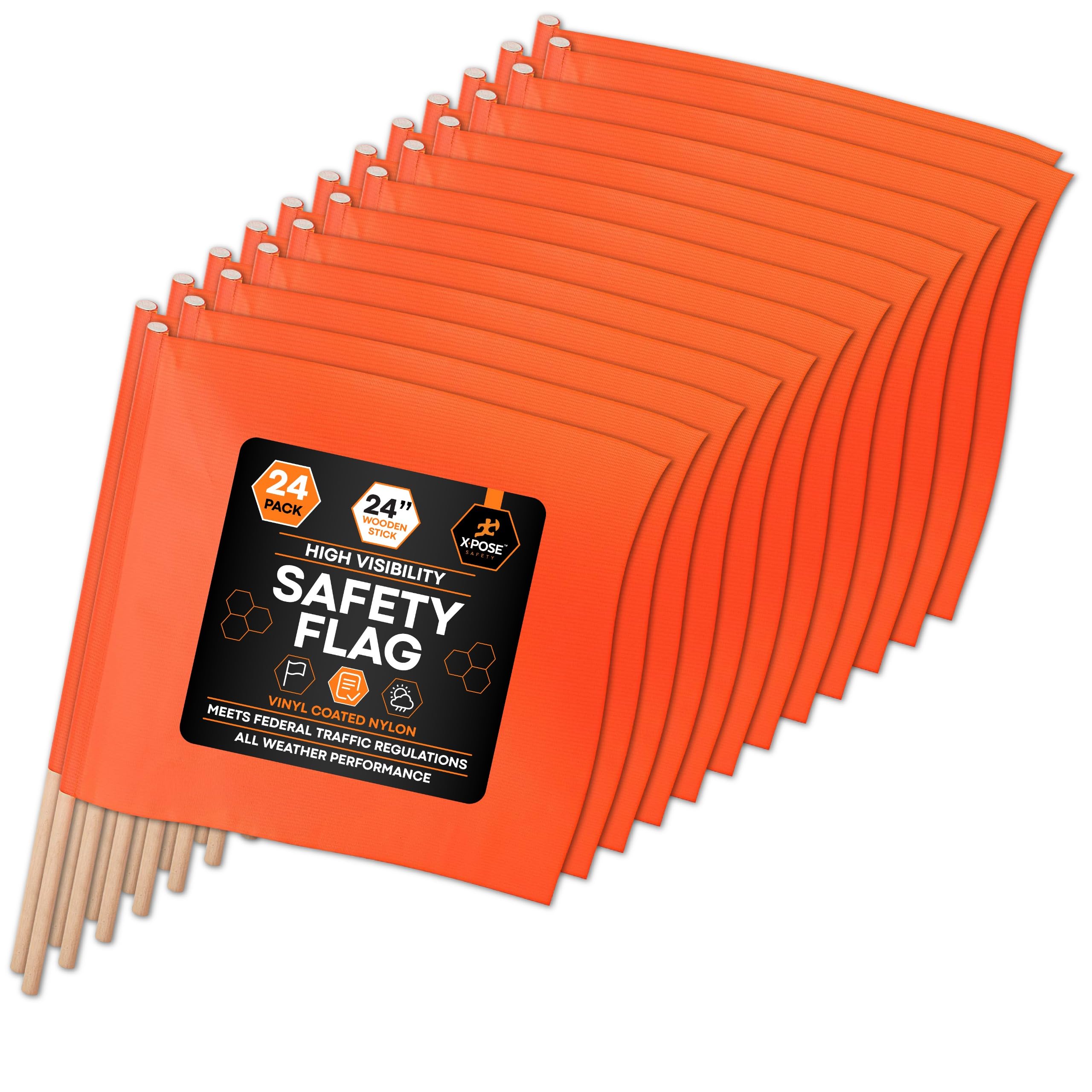 Xpose Safety Orange Vinyl Safety Flags 18" x 18" with 24" Wooden Staff, 24 Pack – High Visibility Warning Flags for Road Crews, Highway Work, Parking Lots &amp; Emergency Response