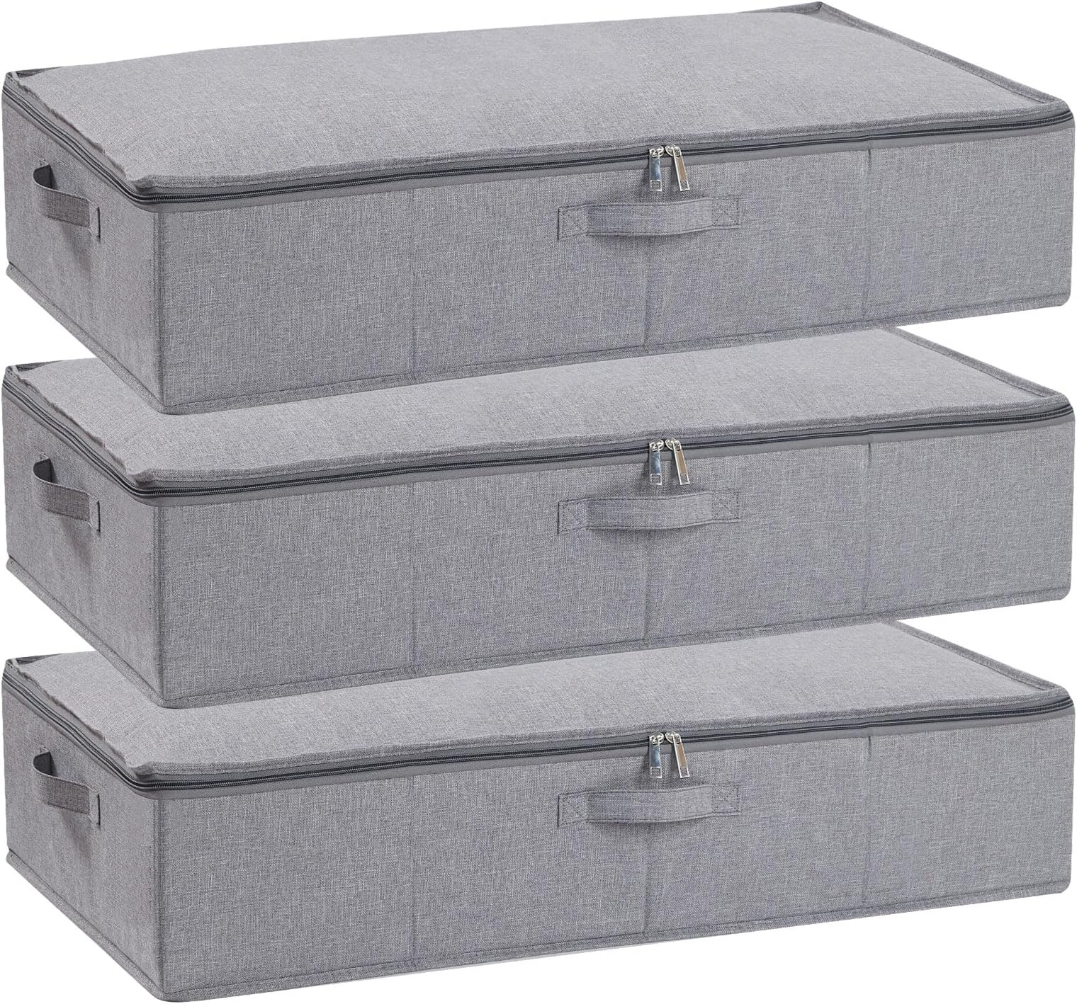 Under Bed Clothes Storage Bgas with Lid, Underbed Drawers with Reinforced Handles for Blanket, Sheets, Clothing, Shoes, Grey, 3-Pack, 60×30×15 cm