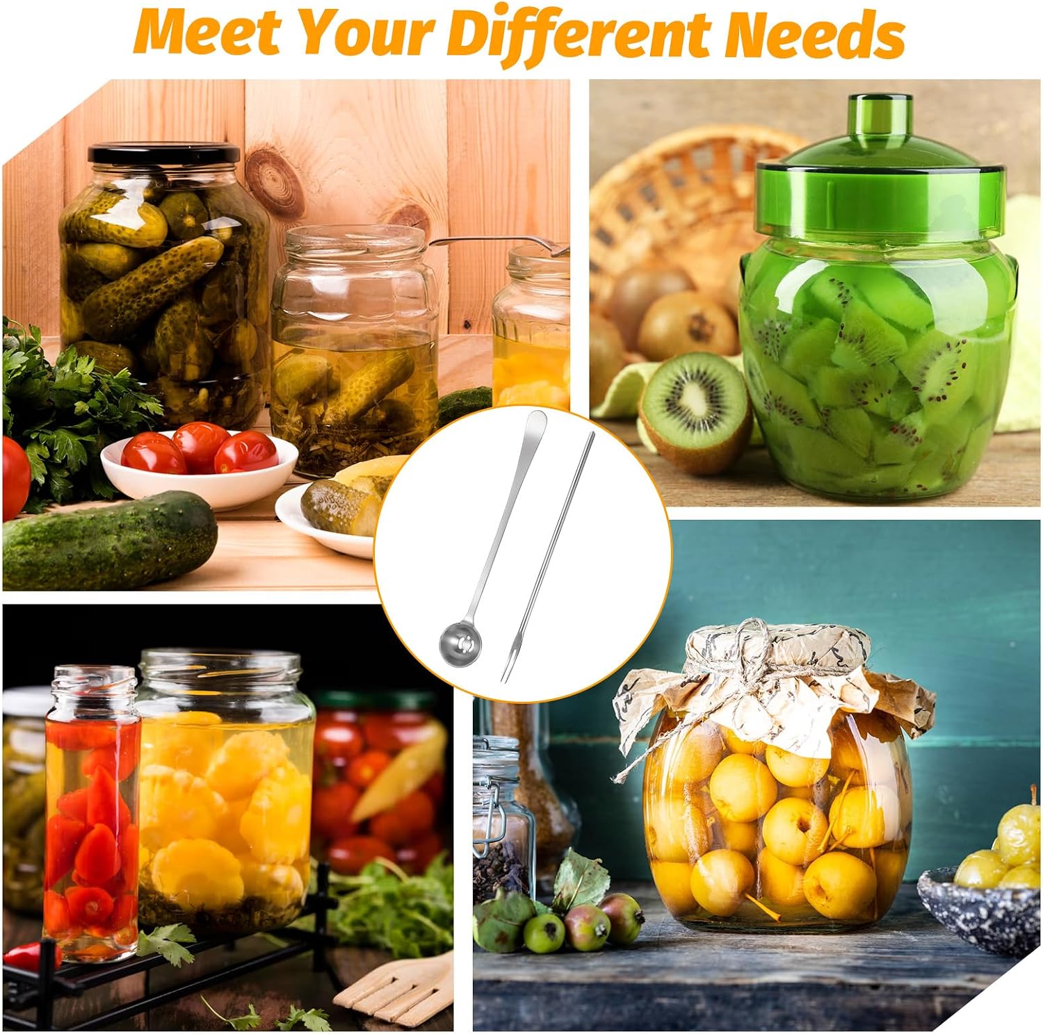 2 Pack Olive Spoon and Pickle Fork Stainless Steel Long Handle Food Picker for Pickle Olive Spoons with Drain Holes Jars Serving Spoon and Fork Set for Olives Pickles Onion Cucumber