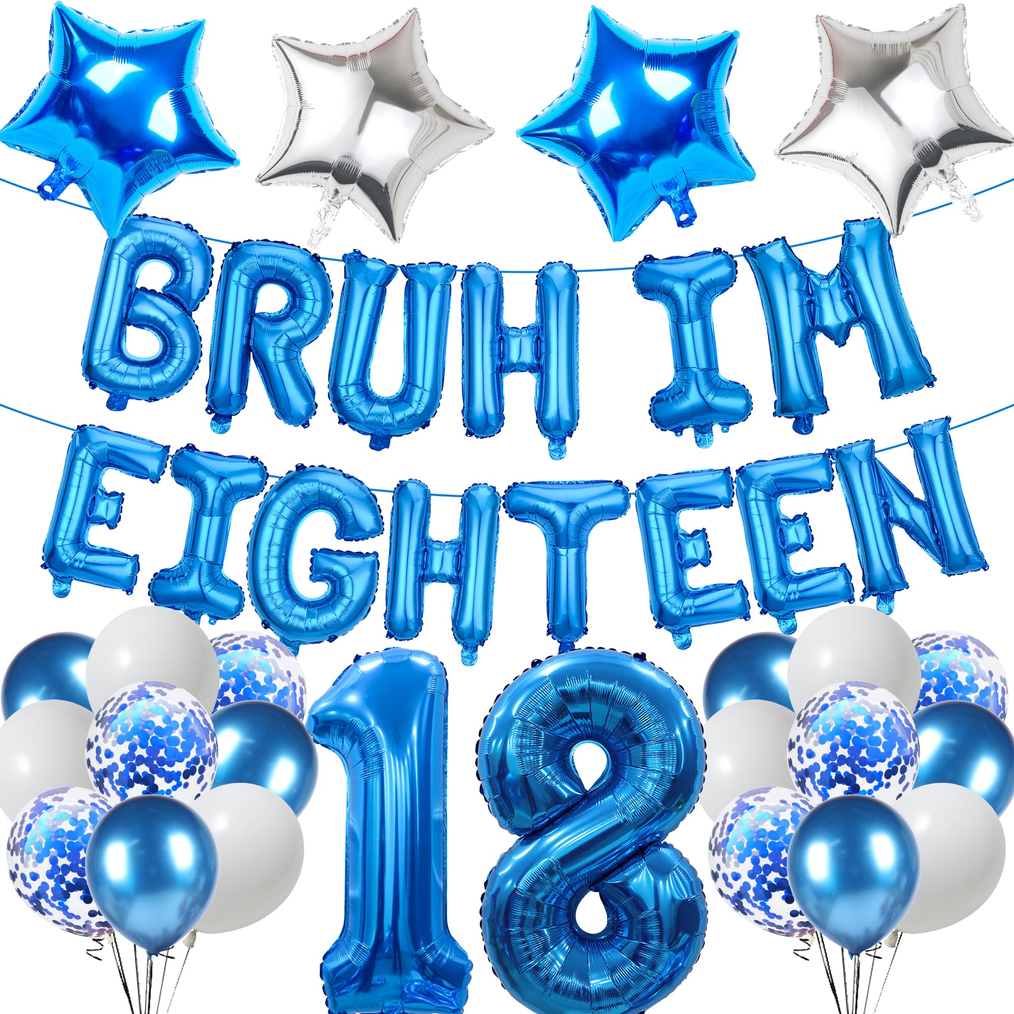 18th Birthday Decoration Balloon Boys - 38 Pcs Blue Bruh I'm Eighteen Letter Banners Number 18 Star Foil Latex Balloons for Boy Adult Birthday Celebration Party Decor Supplies