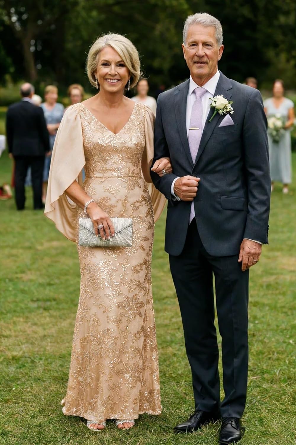 Sequin Mother of The Bride Dresses V Neck Mermaid Long Formal Evening Gowns with Cape Sleeves IMR039