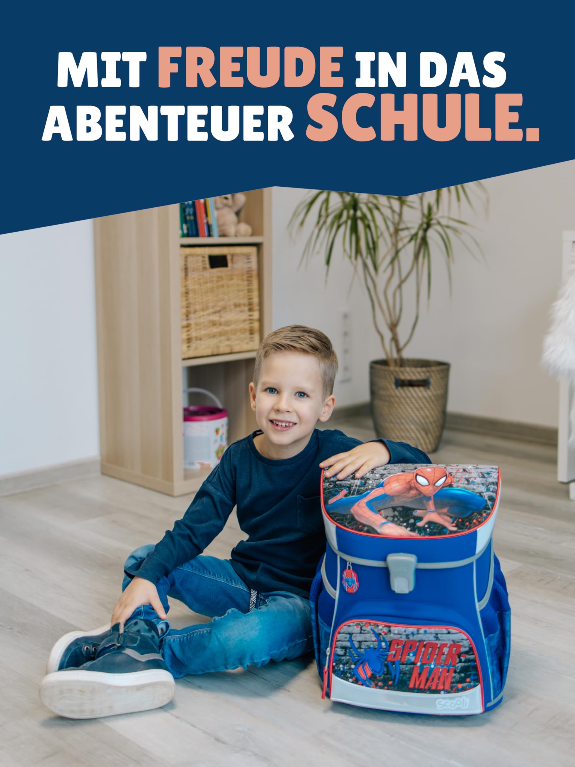 Familando - Scooli Campus Fit Schulranzen Set mit Spiderman - 9-teilig mit Sporttasche - Ergonomisch, Stabil & 980g leicht - 18L Volumen - Brustgurt & Reflektoren - ab 1. Klasse