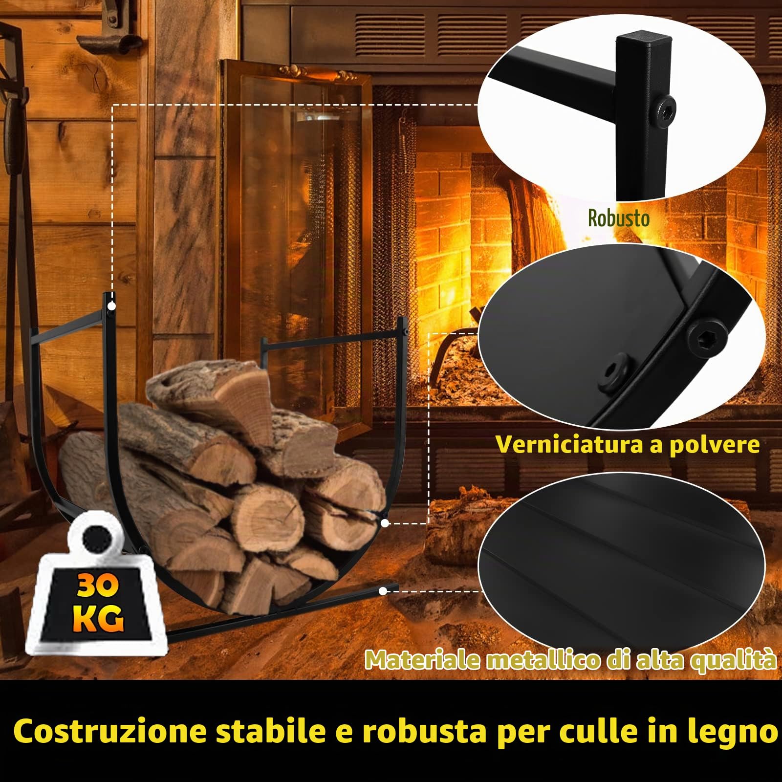 Froadp 44x37x40cm Cestini Portalegna Scaffale per Legna da Ardere Stoccaggio in Metallo per Tronchi Impilati Aiuto Cesto Porta da Camino Cestini Rack Nero Supporto per Interni e Esterni