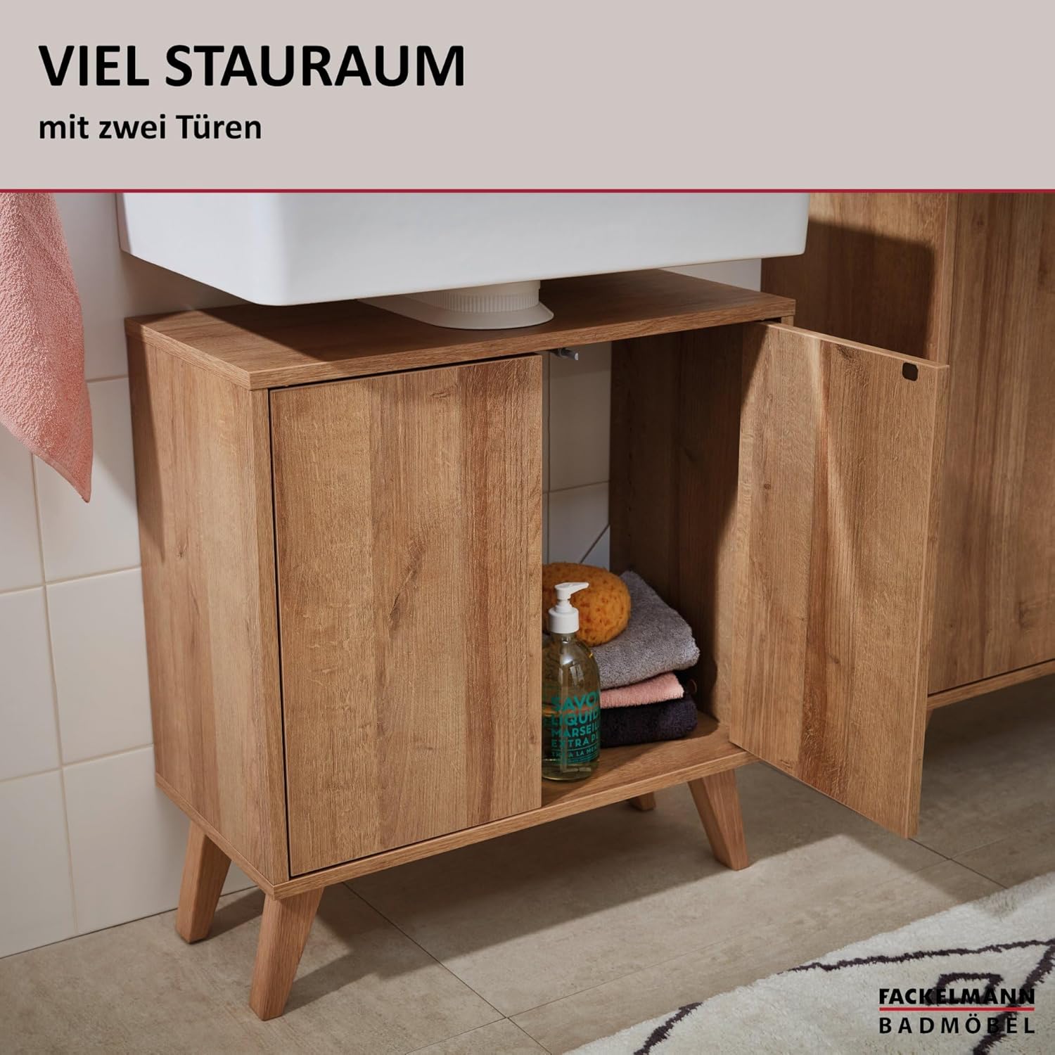 FACKELMANN Finn Vanity Unit (60 x 50 x 30.5 cm) - Basin Cabinet with Cut-outs for All Connections - Bathroom Cabinet with Oak Wood Doors