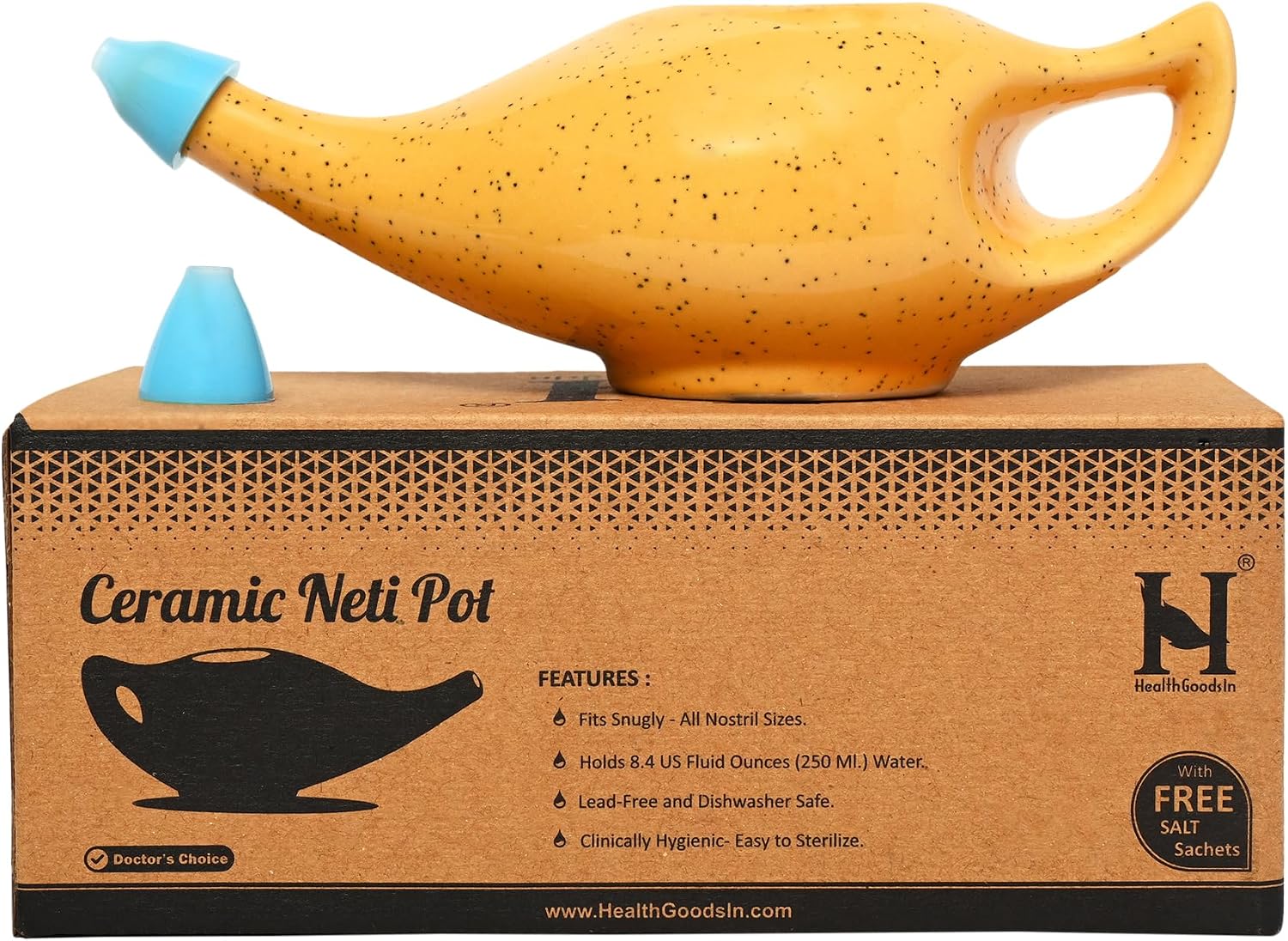 HealthGoodsIn Premium Handcrafted Durable Ceramic Neti Pot with 2 Silicone Nozzle Tip, Salt for Sinus - Dishwasher Safe 225 Ml., Freckle Pattern - (Orange)