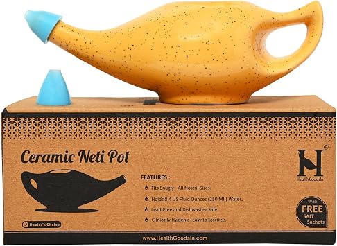 HealthGoodsIn Premium Handcrafted Durable Ceramic Neti Pot with 2 Silicone Nozzle Tip, Salt for Sinus - Dishwasher Safe 225 Ml., Freckle Pattern - Orange
