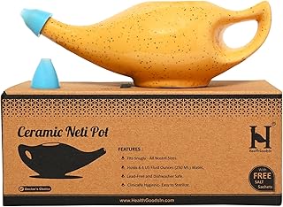HealthGoodsIn Premium Handcrafted Durable Ceramic Neti Pot with 2 Silicone Nozzle Tip, Salt for Sinus - Dishwasher Safe 225 Ml., Freckle Pattern - (Orange)
