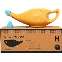 HealthGoodsIn Premium Handcrafted Durable Ceramic Neti Pot with 2 Silicone Nozzle Tip, Salt for Sinus - Dishwasher Safe 225 Ml., Freckle Pattern - Orange