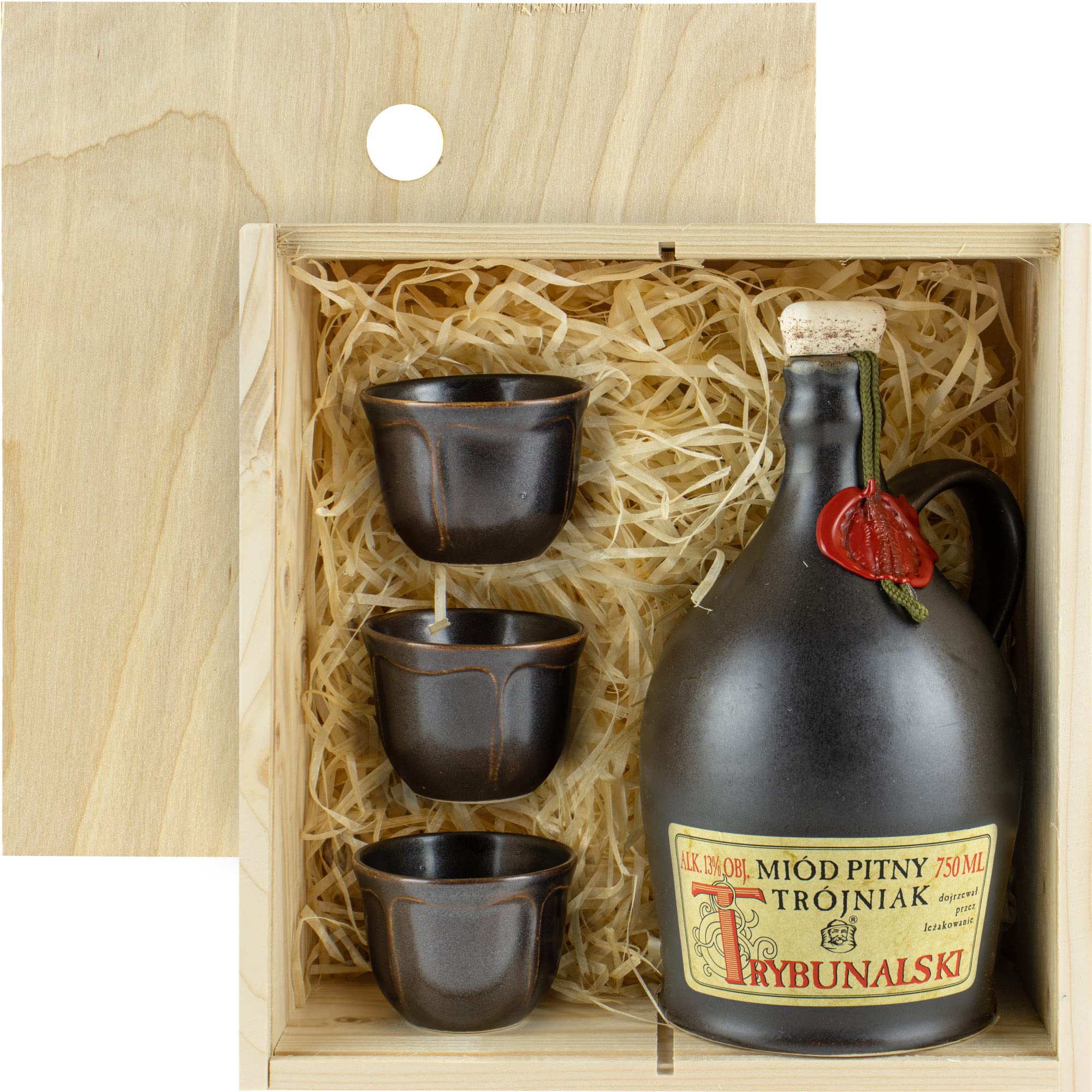 Trybunalski Met Trójniak-Einhalber (Keramik) Geschenkset in einer leichten Holzbox mit 3 kleinen Keramikbechern | 750ml | 13% Alkohol Metwein | Polnische Produktion