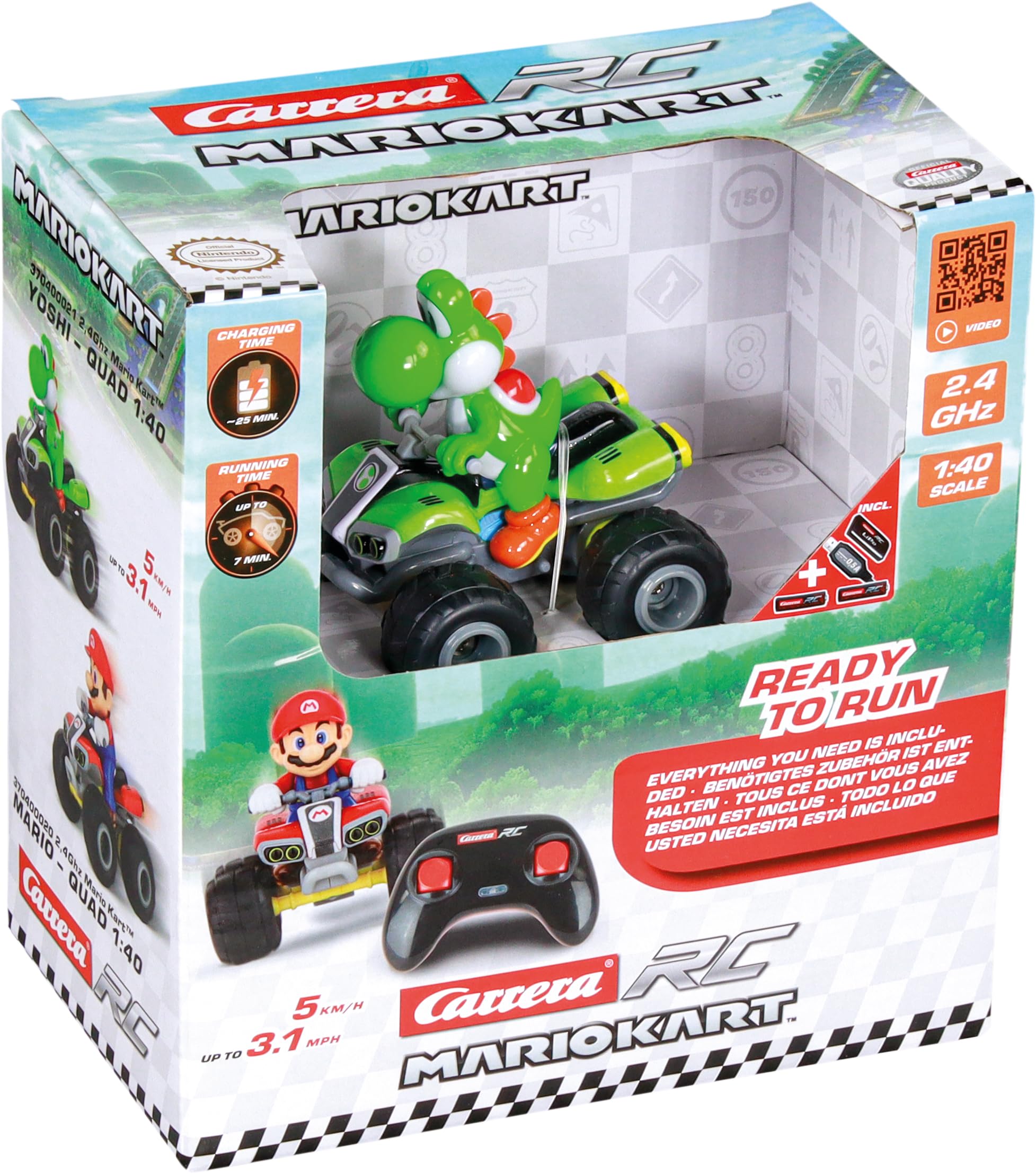 Carrera 370400021 Carrera RC 2,4 GHz Mario Kart Yoshi Quad 1:40 zdalnie sterowany quad oficjalnie licencjonowany autentyczny design dla fanów Nintendo dynamiczne zwrotny akcji zabawa w terenie
